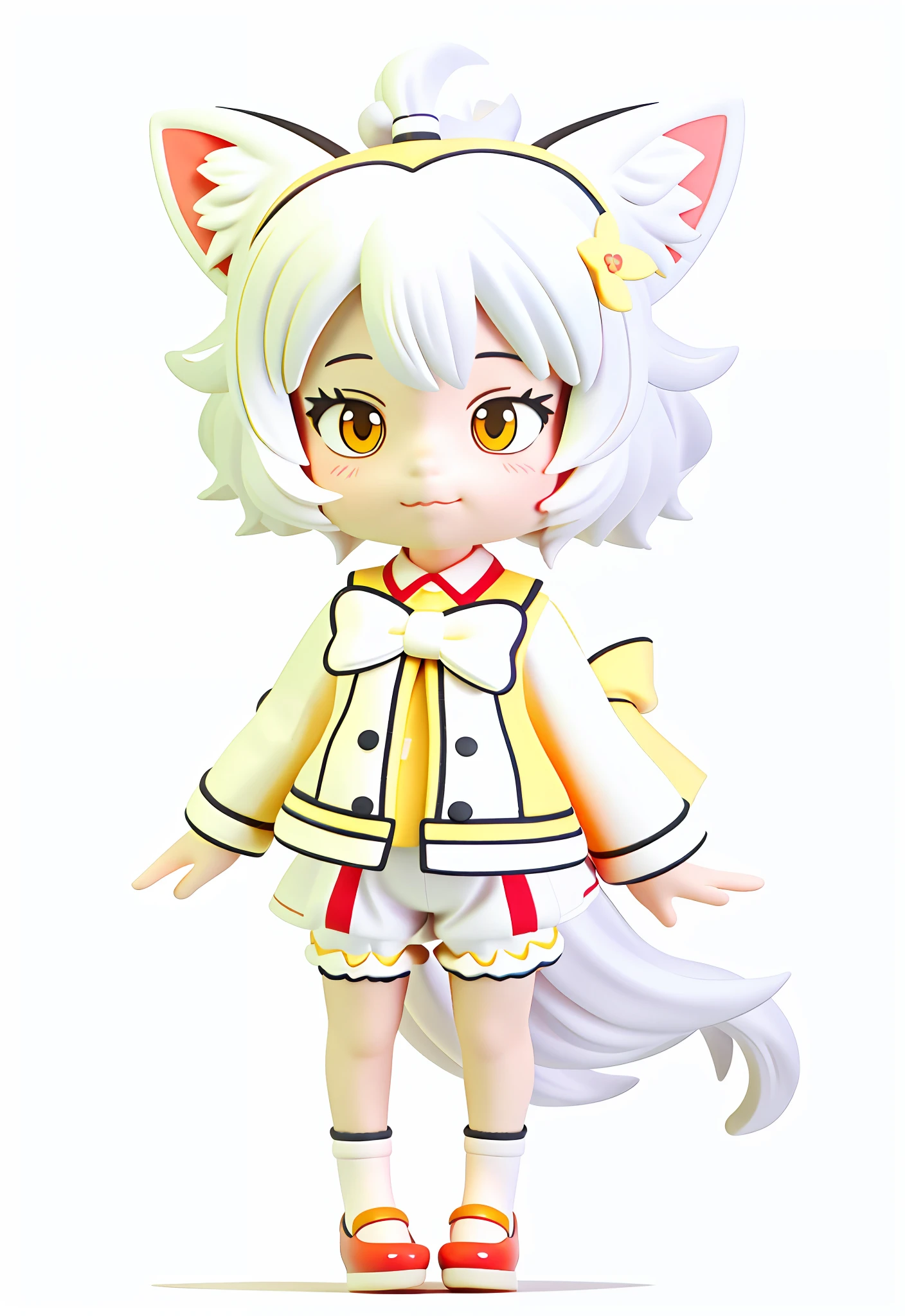 A painting of a girl with cat ears and yellow bloomers, white hair, red blouse, yellow and red shoes, fluffy fox tail