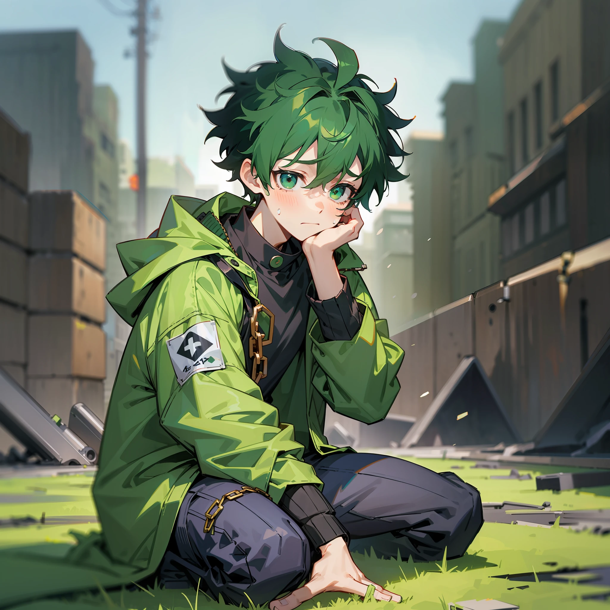 In a destroyed city. (Drama) Izuku a boy in a green jacket, (work of art) hair and black shirt is kneeling in front of the camera and cries inconsolably mind while with his hands he holds a chain --auto --s2
