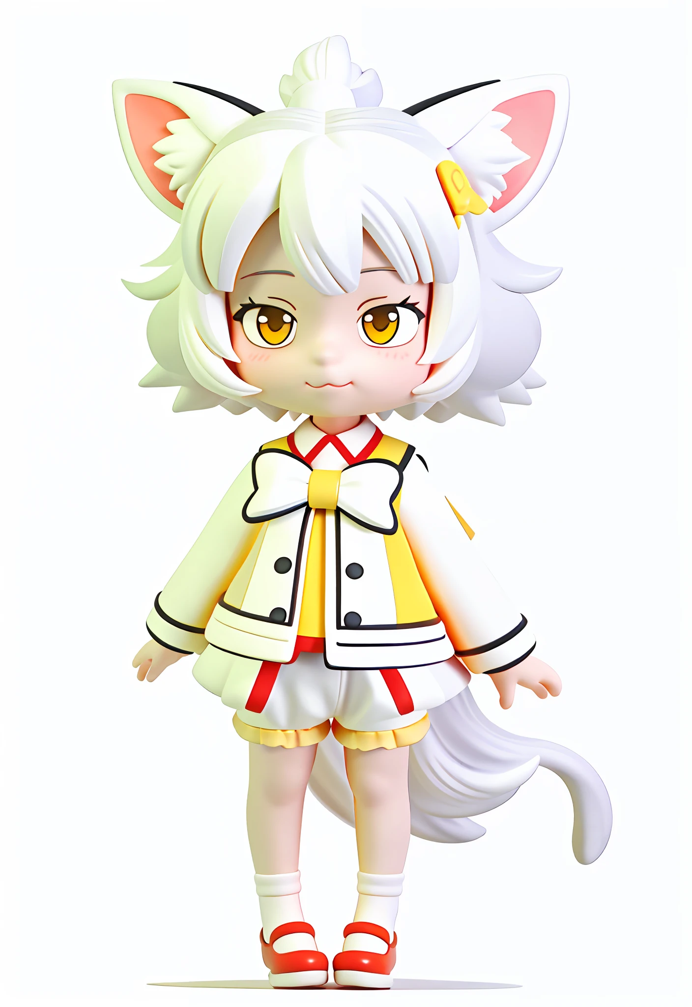 A painting of a girl with cat ears and pure yellow bloomers, pure white hair, pure red blouse, white ears, yellow and red shoes, fluffy fox tail