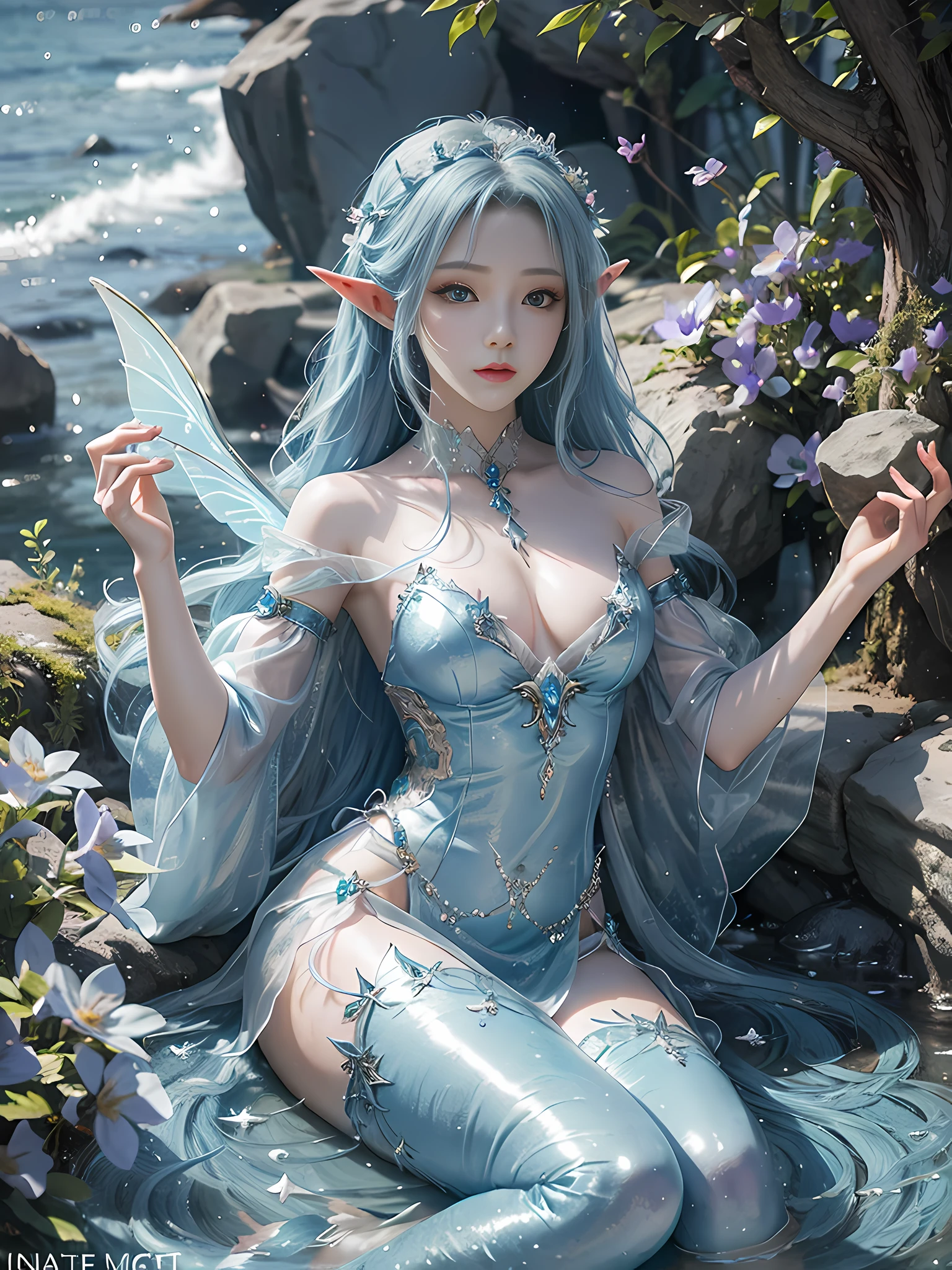 Blue and violet dream color system, sense of fate, best quality, master layout, lighting, mermaid, long fish tail, sea, stone clay, elf, holding mussel pearl, gauze sleeve, water fairy, close-up fantasy and water magic, ethereal fantasy, fairy tale aesthetics, astral fairy, beautiful and elegant elf queen, ethereal fairy tale, beautiful ancient frost witch, fantasy aesthetics! , fairy tale core, anime cosplay, ethereal beauty, fantasy art style, anime girl cosplay, ethereal fantasy, beautiful fairy