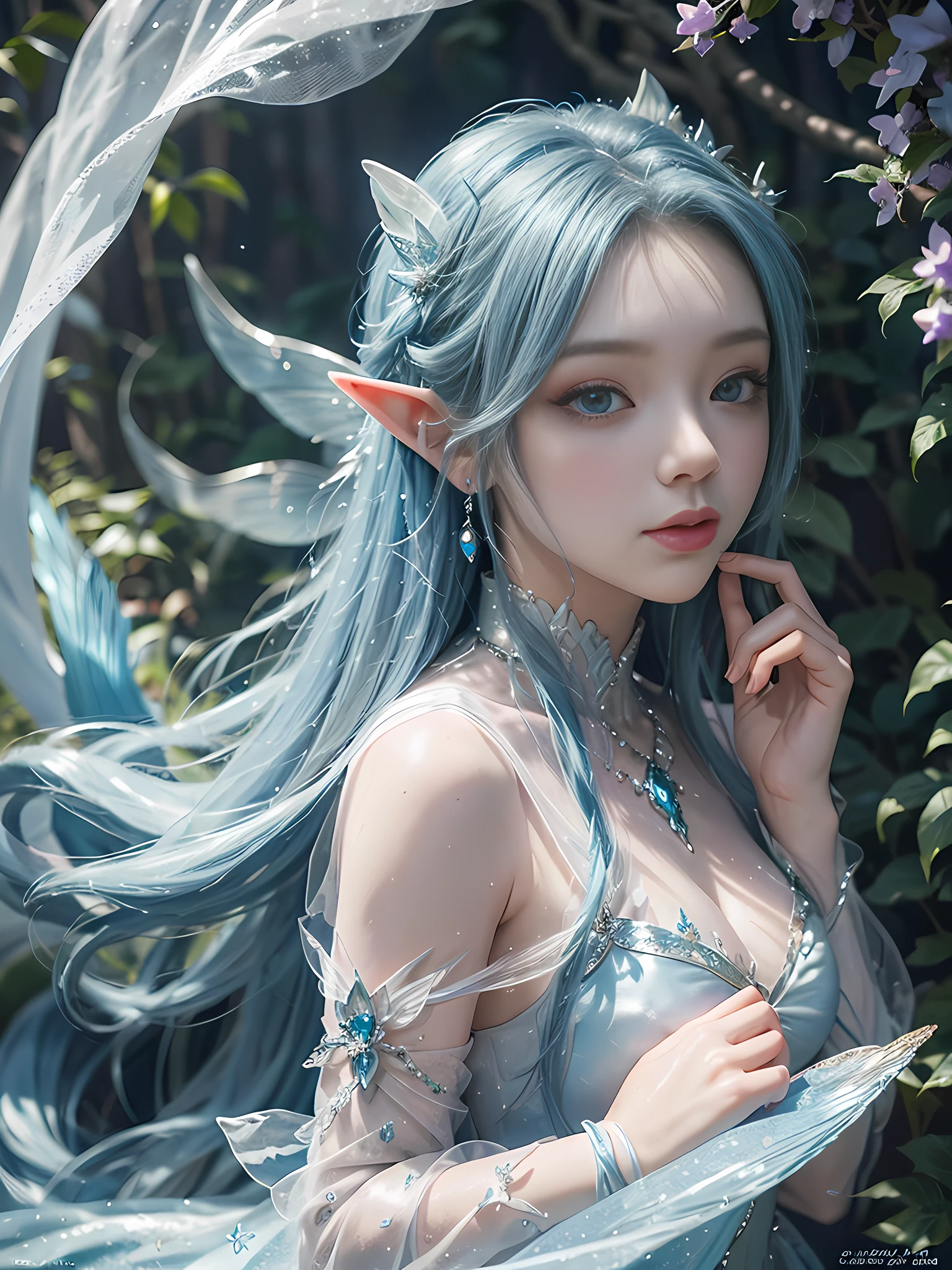 Blue and violet dream color system, sense of fate, best quality, master layout, lighting, mermaid, long fish tail, sea, stone clay, elf, holding mussel pearl, gauze sleeve, water fairy, close-up fantasy and water magic, ethereal fantasy, fairy tale aesthetics, astral fairy, beautiful and elegant elf queen, ethereal fairy tale, beautiful ancient frost witch, fantasy aesthetics! , fairy tale core, anime cosplay, ethereal beauty, fantasy art style, anime girl cosplay, ethereal fantasy, beautiful fairy