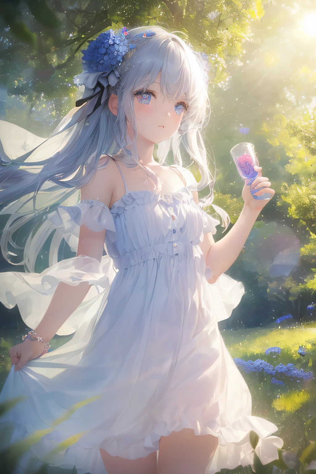 art by Cornflower, dreamy (a girl who was petite and had beautiful detailed eyes. The depth of field in the photo was perfect, and the lens flare added a nice touch.