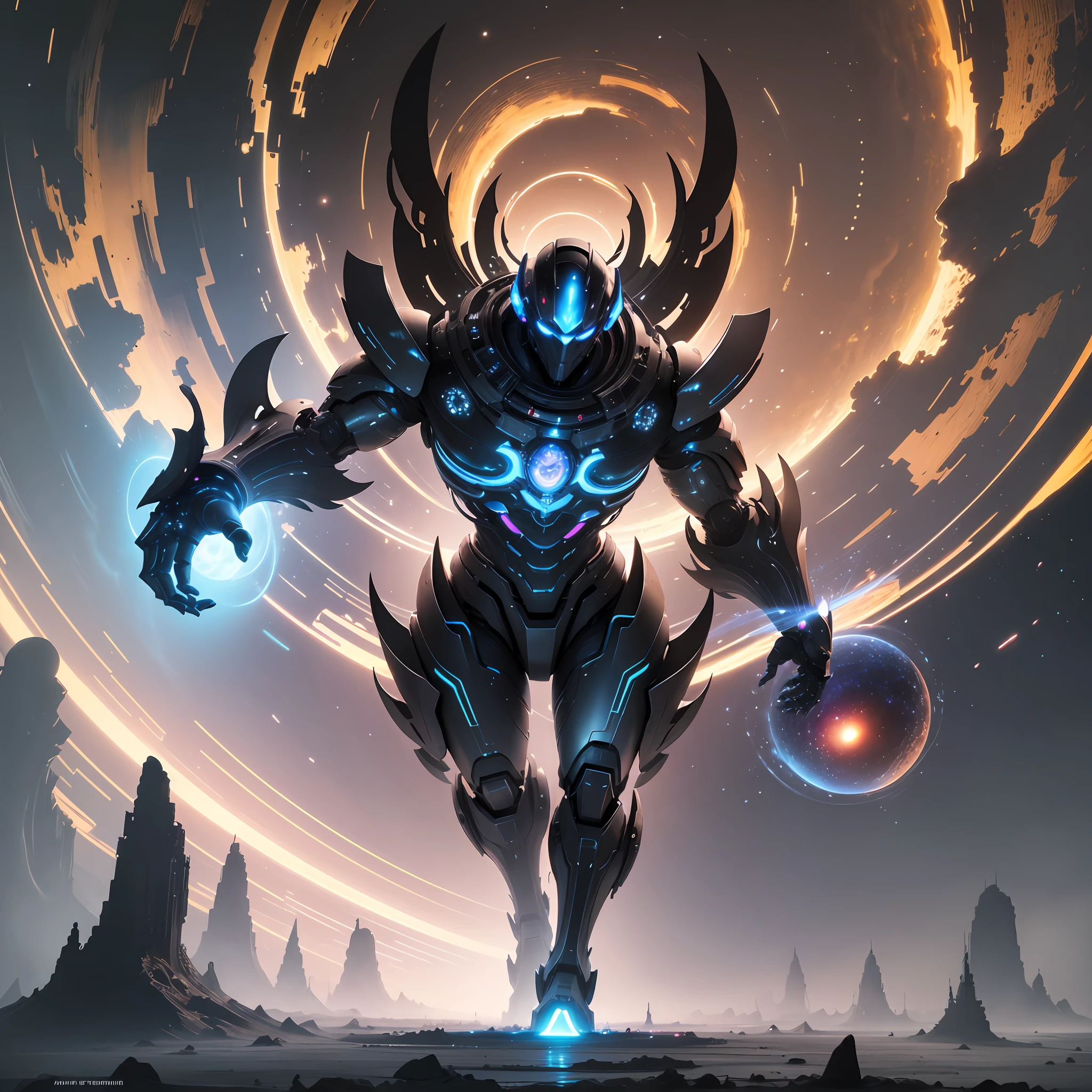 A futuristic divine-looking robot holds a black hole in its hands, creating a colossal vortex in the middle of space. His imposing presence, with ultra-detailed details and impeccable lighting, makes it look like he was carved by gods. --auto --s2