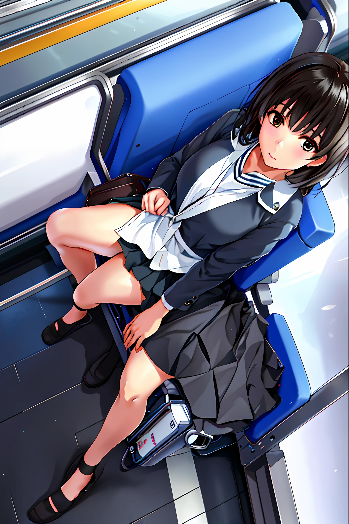 (Masterpiece, High Definition, Ultra High Definition, 4K) Black hair, 13-year-old Latina girl, skirt, emphasizing thighs, white thighs, soft thighs, shiny thighs, sitting on the train, face-to-face angle, (bottom angle), sitting on the train seat, sitting in front, camera zoom in the groin, feet on the train floor, full body, looking down and sleepy,  Looking only at the viewer", best quality, ultra high definition, (photorealistic: 1.4),, high resolution, detail, raw photo, sharp re, nikon d850 film stock photo by Lee Jefferies 4 kodak portra 400 camera f1.6 lens rich colors hyper realistic animated textures dramatic lighting unreal engine artstation trends cinestir 800,