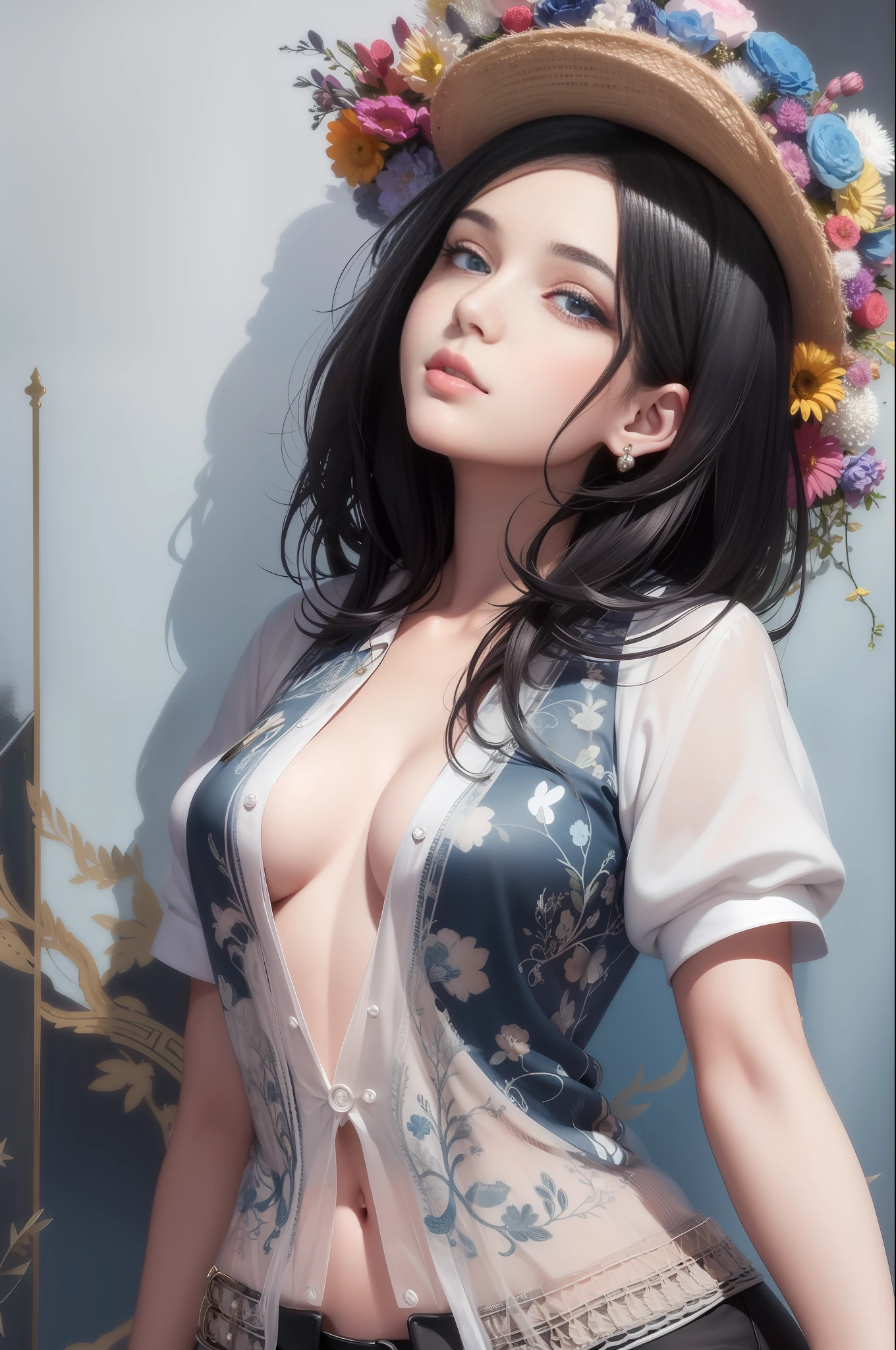 best quality, masterpiece, black hair, blue eyes, looking up, upper body