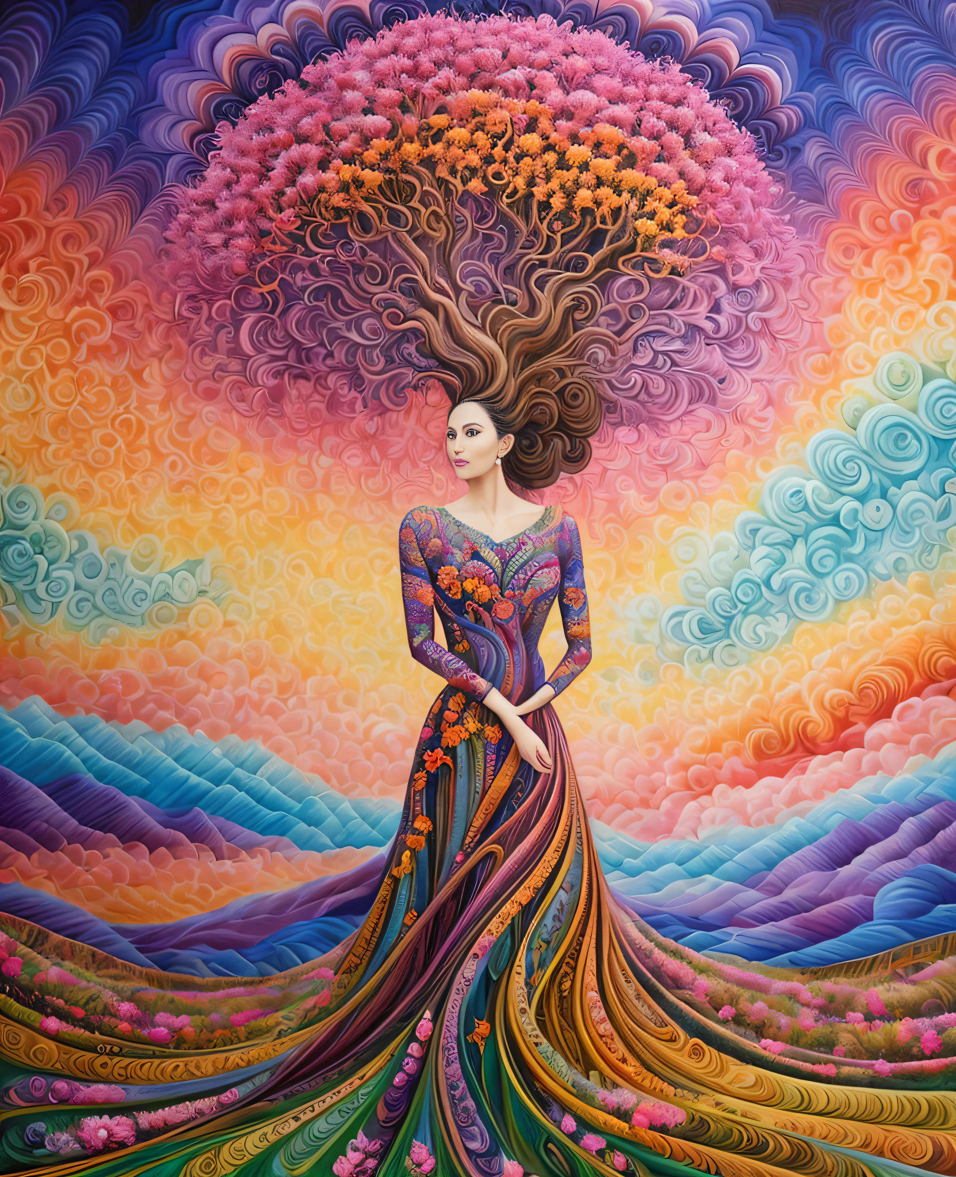 A painting of a woman standing in a field with a tree, intricate oil painting artwork, breathtaking art, visionary painting, neural acrylic paint, surrealist painting, Amanda Sage, Renaisance painting, Michael Page, surrealist oil on canvas, psychedelic painting, complex oil painting, ultra-detailed fantasy art, powerful painting, ultra-detailed fantasy art, metaphysical painting
A painting of a woman and a tree standing in a field, Amanda Sage's ultra-fine detail painting, shutter competition winner, metaphysical painting, intricate oil painting artwork, breathtaking art, visionary painting, neural acrylic paint, surrealist painting, Renaisance painting, Michael Page, surrealist oil on canvas, psychedelic painting, complex oil painting Erjie, smooth and dynamic girl, wearing a loose and flowing pink dress, mysterious expression, curly black-pink hair, [Zhang Ziyi| Aishwarya Rai], bold and colorful abstract art in a modern and abstract environment, blurred background, bright lights, official art, Unity 8k wallpaper, (zentangle, mandala, tangled, tangled), intricate clothes, mid-style (whole body, from all directions, masterpiece, top quality, best quality, official art, Beauty and aesthetics: 1.2), very detailed, (fractal art: 1.1), (color: 1.1) (flowers: 1.3), highest detail, (zentangle: 1.2), (dynamic pose), (abstract background: 1.3), (shiny skin), (multiple colors: 1.4), (feathers: 1.5), dynamic angles, the most beautiful chaotic forms, elegance, fauvist design, bright colors, romanticism,
