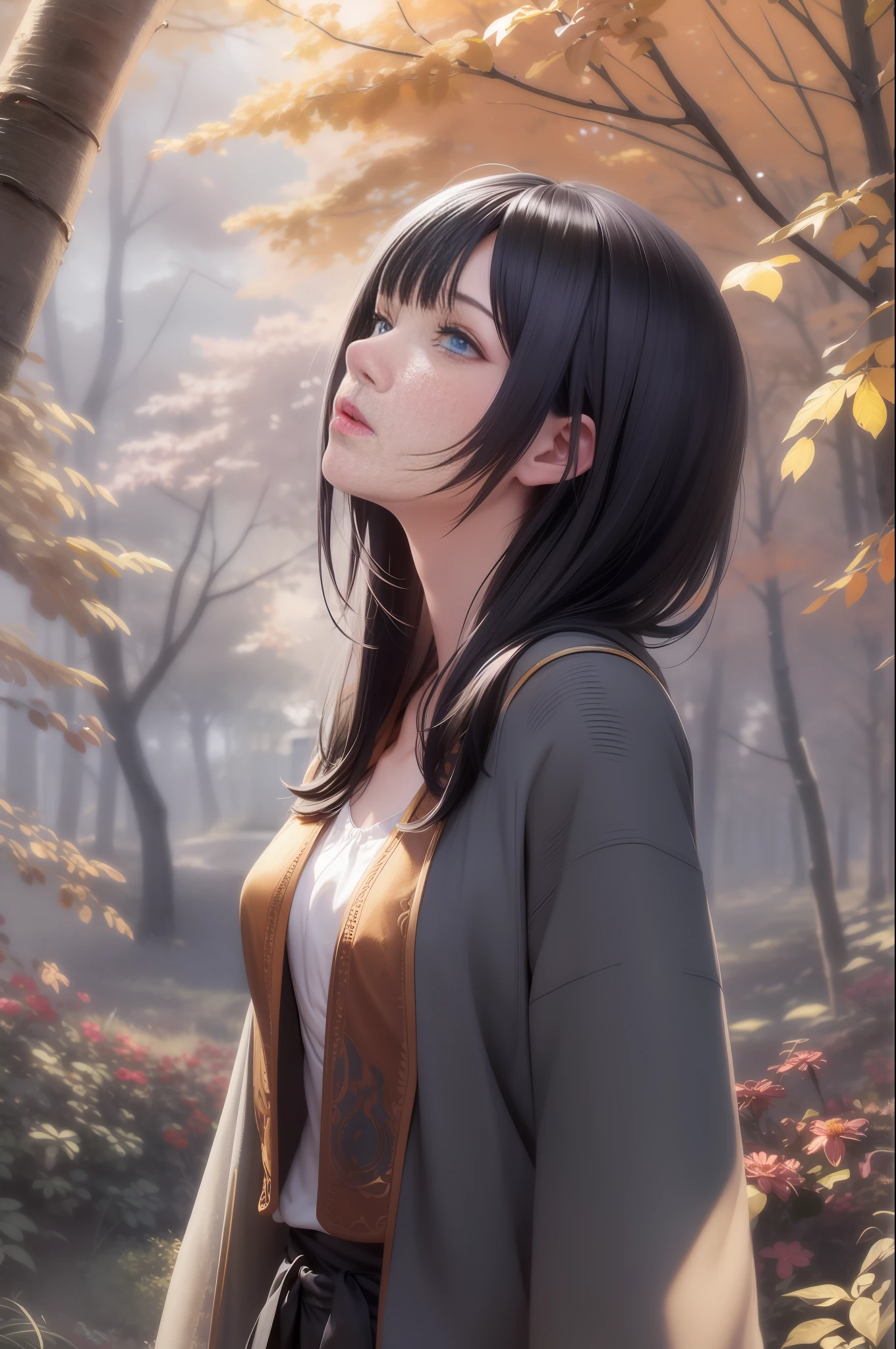 best quality, masterpiece, black hair, blue eyes, looking up, upper body
