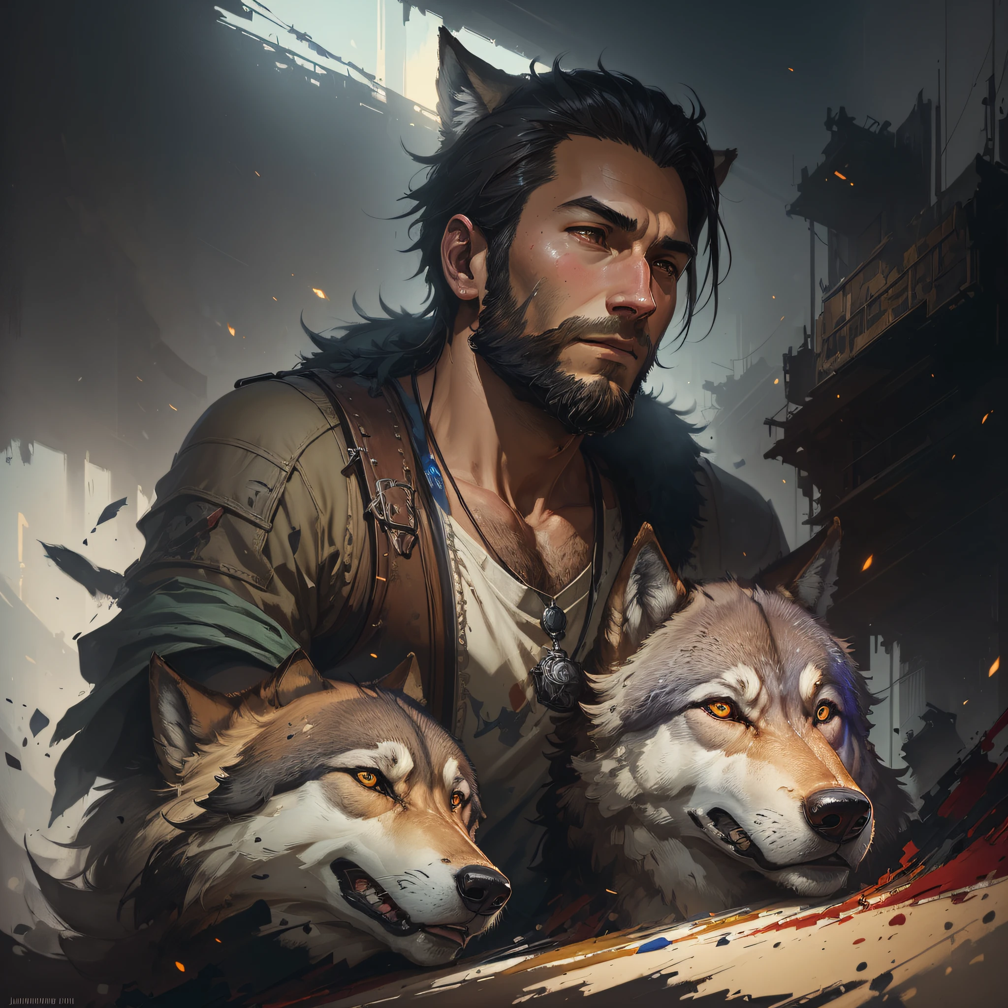 Young 30-year-old boy, short beard, mysterious, wolf, majestic professional oil painting by Ed Blinkey, Atey Ghailan, Studio Ghibli, by Jeremy Mann, Greg Manchess, Antonio Moro, trend in ArtStation, trend in CGSociety, Intricate, High Detail, sharp focus, dramatic, photorealistic painting art by Midjourney and Greg Rutkowski --auto --s2