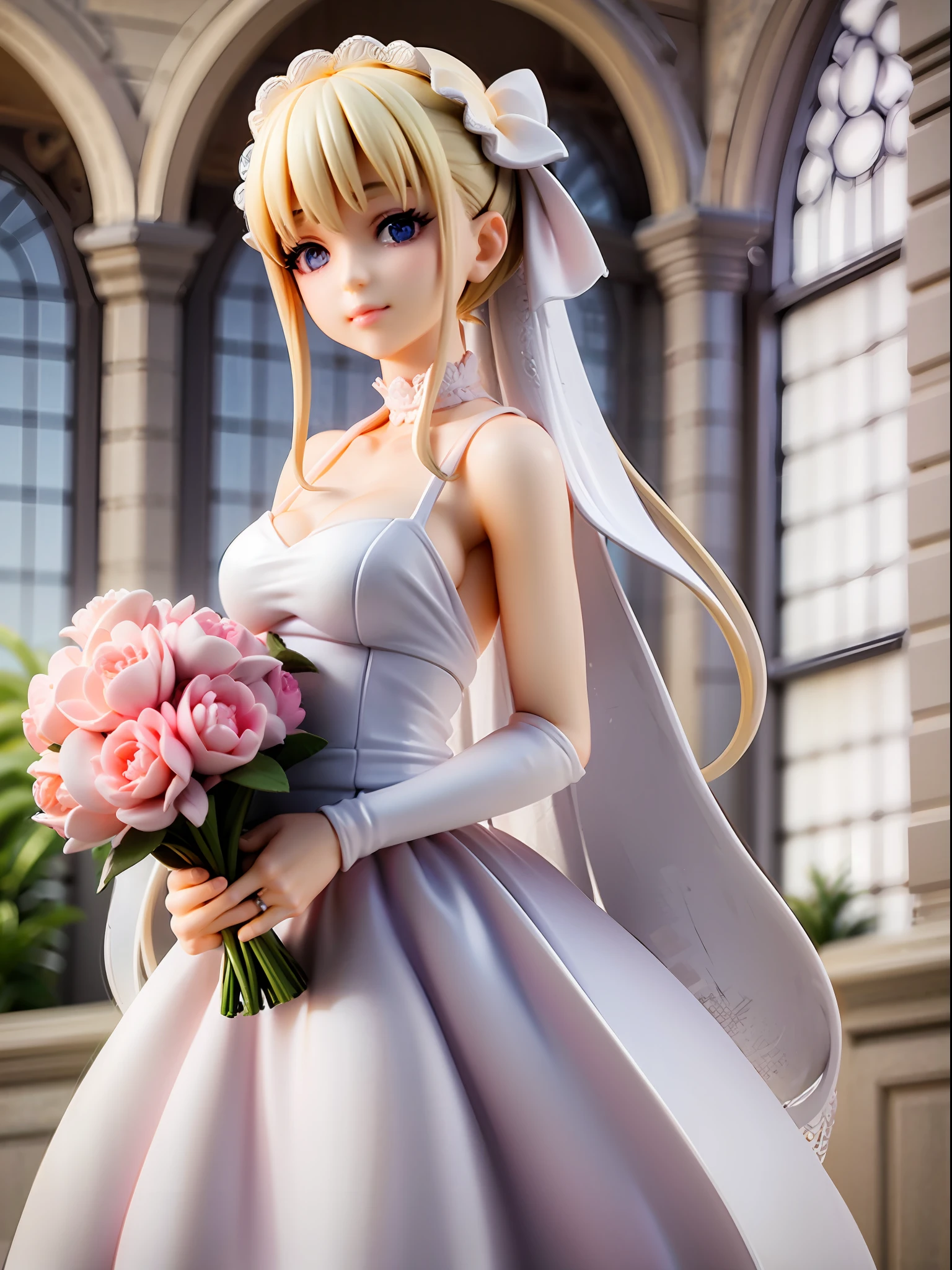 White, pale pink, bride, happy face, beautiful blue eyes, closed mouth, wedding dress, white dress with pale pink ribbons, blonde updo, holding bouquet, church background,