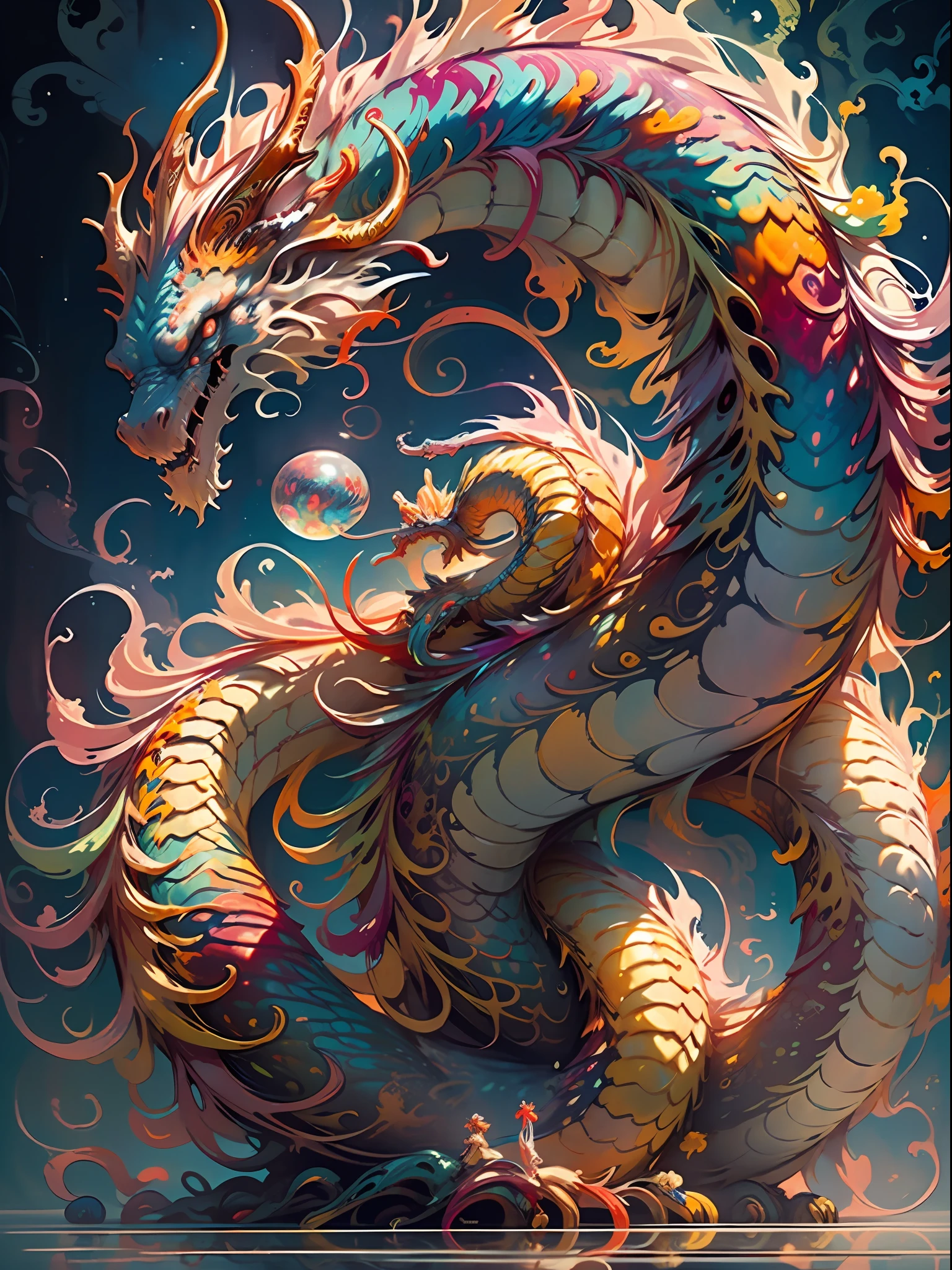 (Best quality, masterpiece, super high resolution), (length: 1.2), (fine: 1.2), coiled serpentine body, reasonable body structure logic, long hair, sharp teeth, red eyes, outdoor, standing, clouds, horns, armor, sky, open mouth, confrontation, charge, monster, building, valley, (realistic texture: 1.2), (glowing colorful brilliant neat scales: 1.2), (realistic details: 1.2), HDR, ultra-refined 3D modeling, like Tim Burton, The style paintings painted by Dale Chihuli, Xiaolongcheng, Cyril Rolando and other authors such as Jingjig are just as magical, with shadows and light intertwined to produce brilliant effects,