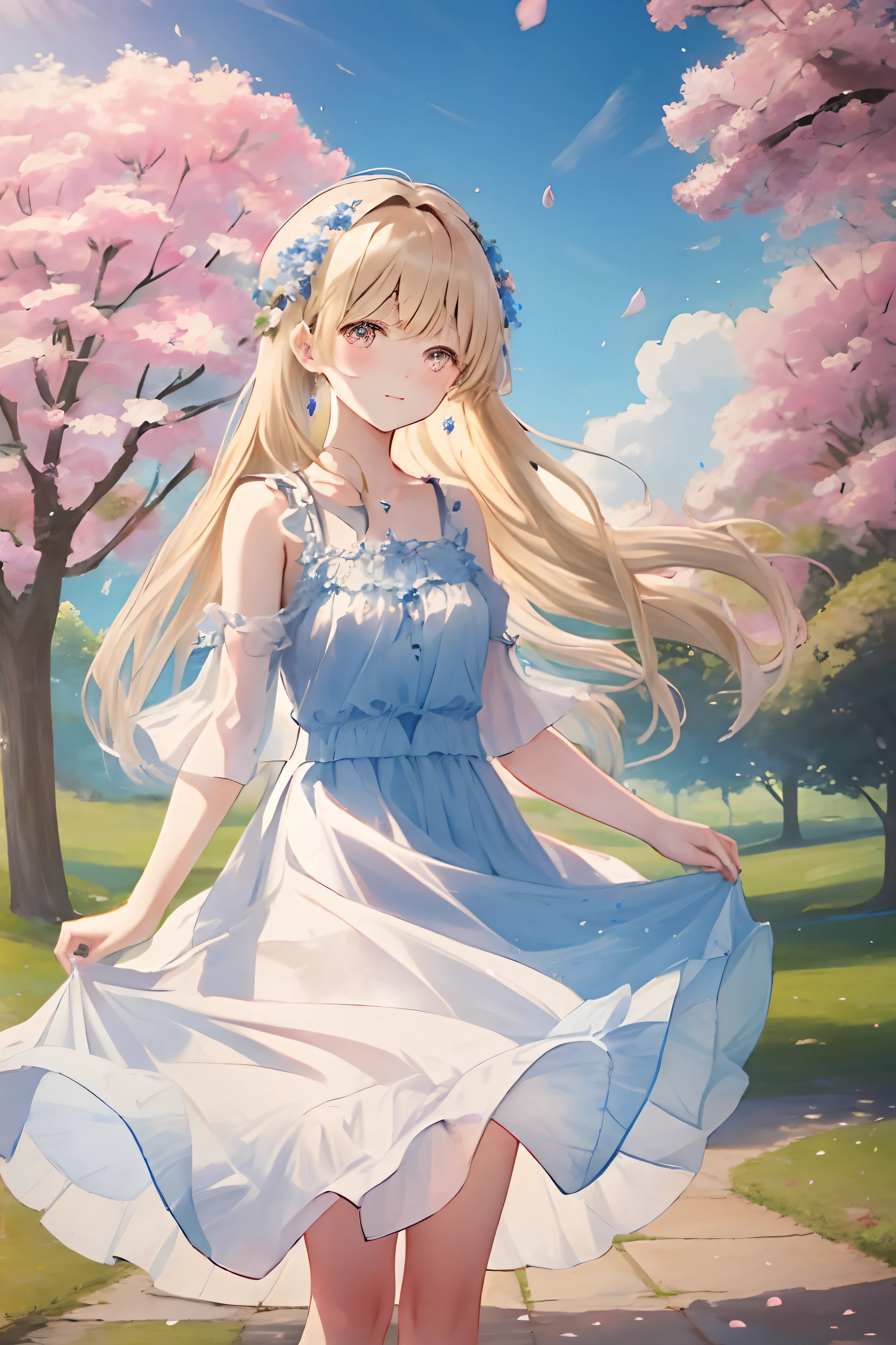art by Cornflower, dreamy
cherry_blossoms, falling_petals, petals, branch, pink_flower, 1girl,20-year-old, blue_sky, spring_\(season\), petals_on_liquid, flower, hanami, dress,Wearing a wreath,sky, outdoors, cloud, bangs, smile, pink_eyes, White skirt with cherry blossom embellishments, bare_shoulders, earrings, holding_flower, wind, tree, looking_at_viewer,cowboy shot, caramel eyes, blonde hair