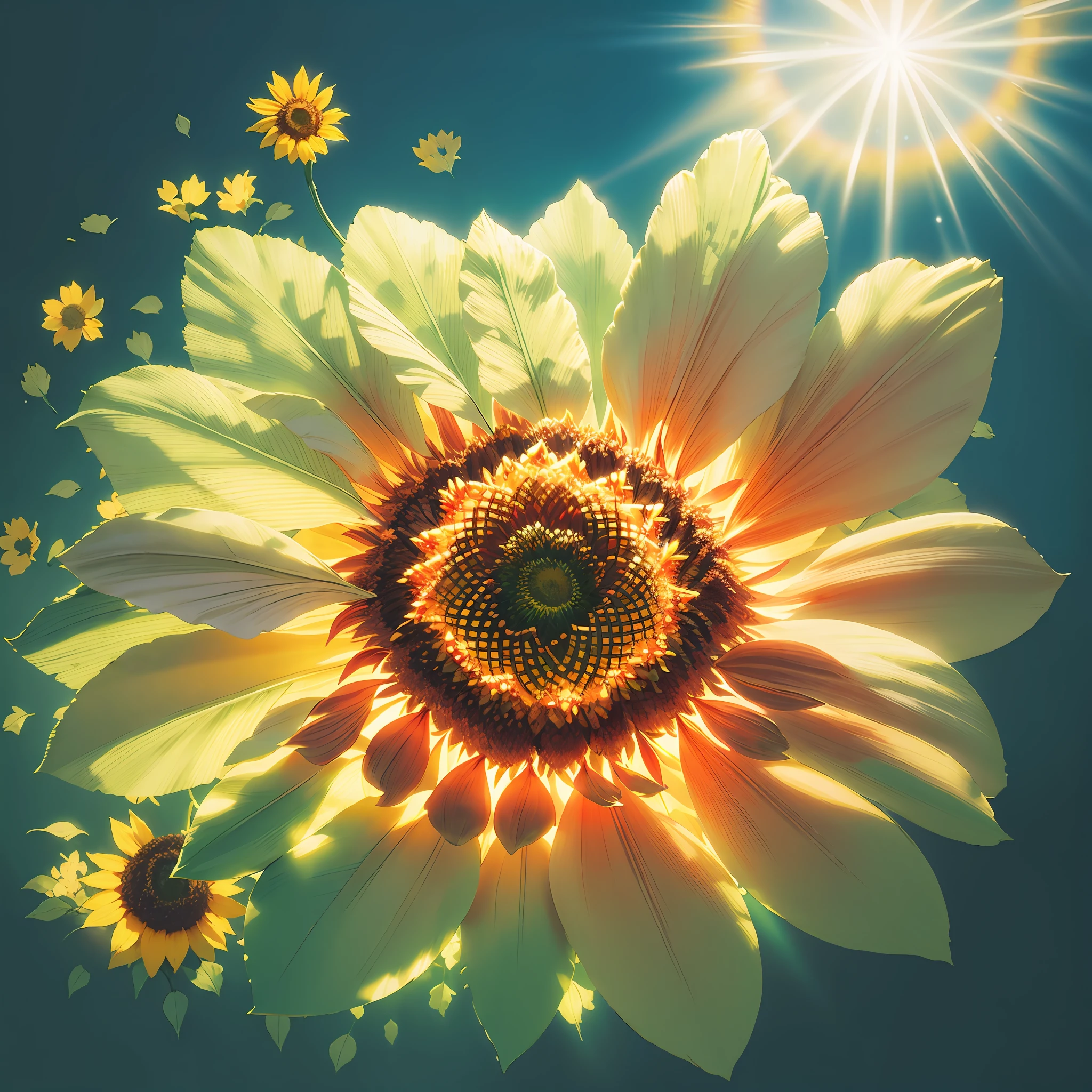 sunflower, super transparent, holy light, beautiful spectrum light, bright petals, sparkling, transparent light droplets, reflected light, bright, light flowing in, optics, portrait silhouette, sharp focus, magical, intricate, hyper-realistic, fantasy, composition, light, trend artstation, pearl, patron saint silver vapor cloud, corroded family of surrounding rays, 8k, real air 23v4 uplight --auto --s2