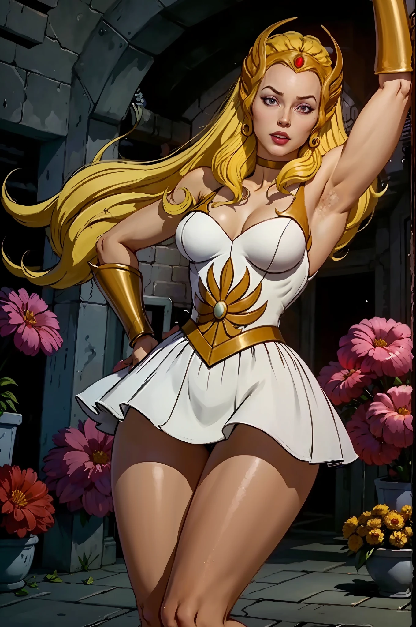 raw photo of a 1girl, blonde, white dress, choker, she_ra, dynamic pose, smug smile, tall, (muscular body: 1.3), (female hands: 1.3), skindentation, narrow waist, thighs, wide hips, half eye closed, eyeliner, eyelashes, perfect face, detailed eyes, facial lighting, looking at the viewer (masterpiece, high quality: 1.2) skin texture, hyper realistic, real woman,real headquarters,high reality