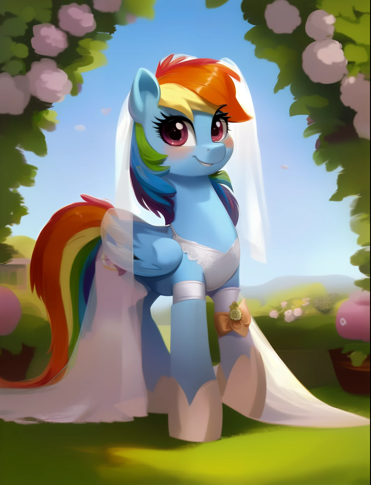 (score_9), solo, a female happy smiling blushing, ((pony rainbow dash)), pony, beautiful, at a lush garden, looking at you, (wedding dress and veil)