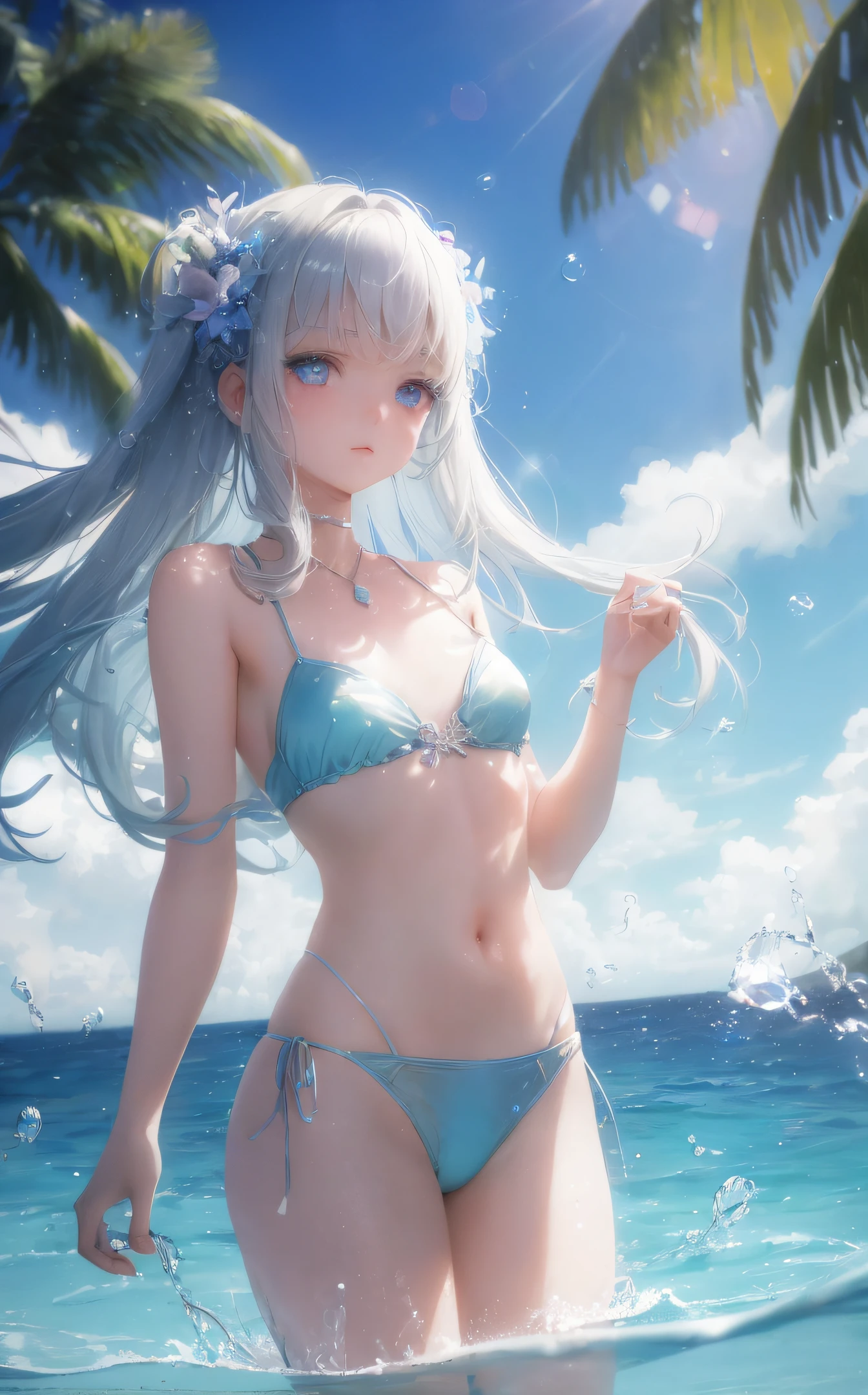 art by Cornflower, dreamy
(a girl who was petite and had beautiful detailed eyes. The depth of field in the photo was perfect, and the lens flare added a nice touch. The finely detailed features of her face really stood out, and the score for this photo was definitely greater than 10. In the background, there was a beautiful ocean with crystal clear water and water droplets on the surface, a girl lies in the water