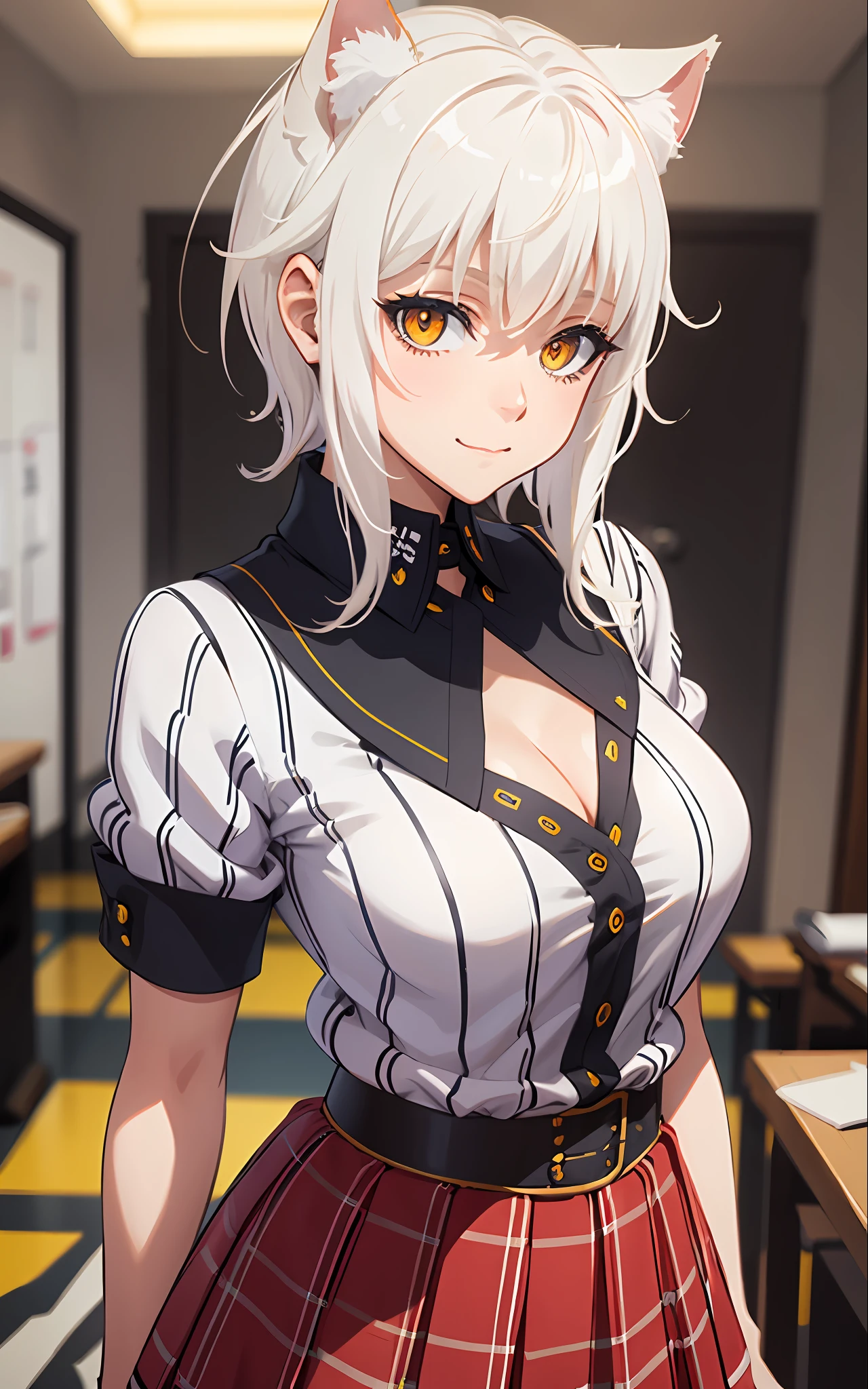 Best Quality, (Masterpiece:1.2), High Detailed, Standing, School, Indoor, Cat Ears, 1girl, solo, tojo koneko, looking at the viewer, closed mouth, light smile, top, yellow eyes, white hair, short hair, hair decoration, school uniform, cleavage, striped shirt, unbuttoned shirt, red skirt, black neckband, erotica