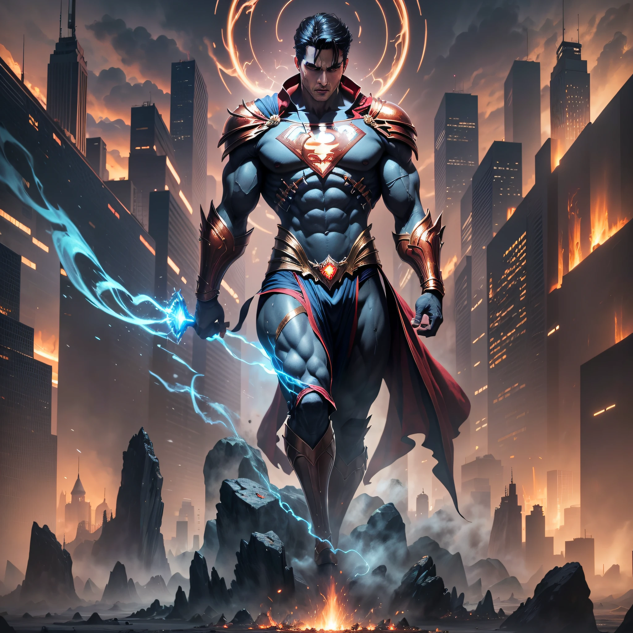 /imagine superman, arch demon, god, underworld, reclaim, throne, characters, wandering, showing off his power, decimating a large nation, Control, Controlling mass power, realistic, cinematic, high detail, hyper detailed, magic, copper, gold, black, red, green, purple, crimson, smoke, particles, Beam of light, necromancy, divination, supernatural powers, omen, hidden knowledge, event, foresee, foretell, fortold, art, fantasy, towering stature, grandiose, overpowering render, dark fantasy, unreal engine, raytracing, post-processing, zbrush, substance painter, trending on ArtStation, epic perspective, composition, photorealistic, vfx, cgsociety, volumetric lighting, + cinematic + photo + realism + high detail, cgi, 8k, --ar 16:9 --auto --s2