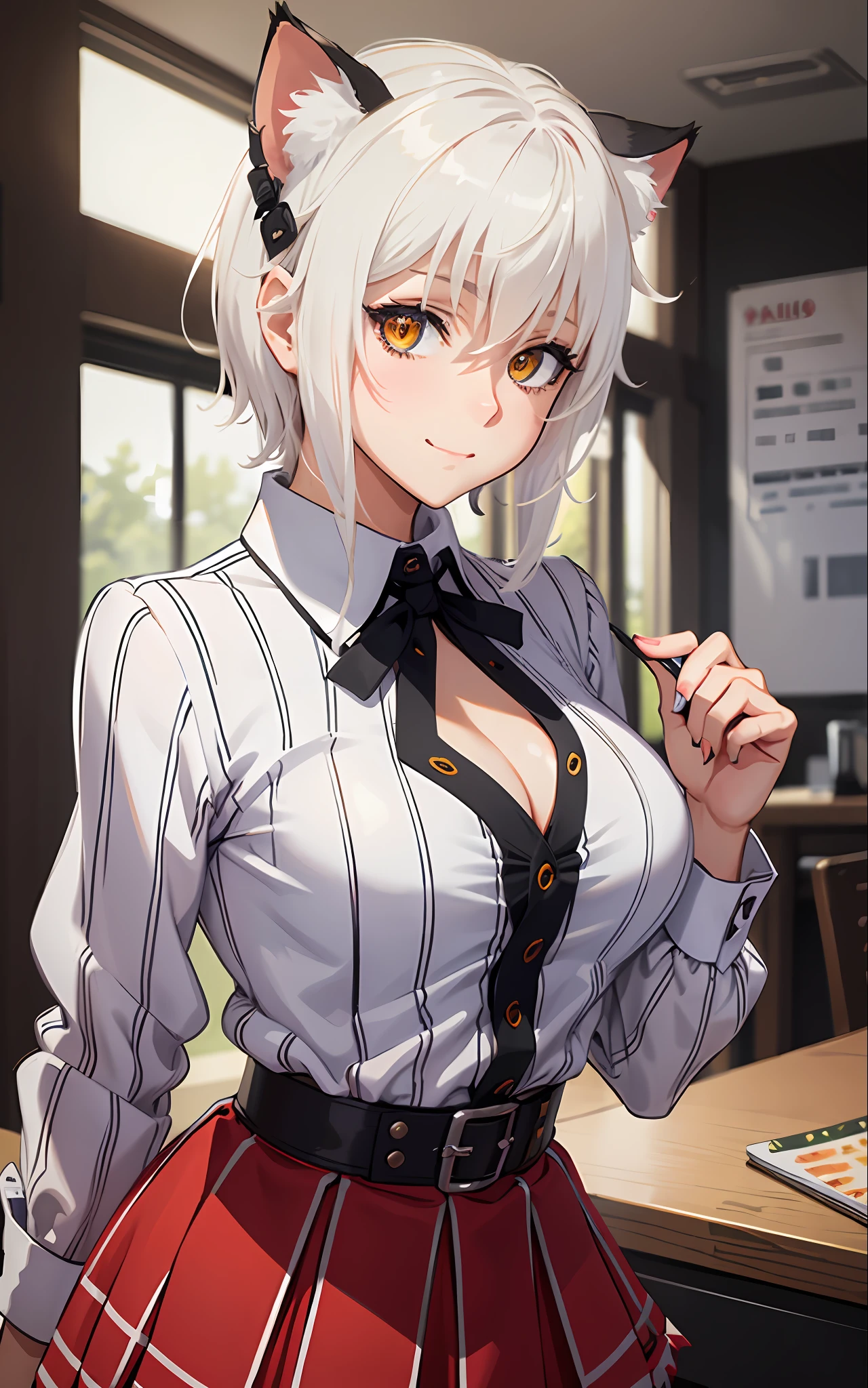 Best Quality, (Masterpiece:1.2), High Detailed, Standing, School, Indoor, Cat Ears, 1girl, solo, tojo koneko, looking at the viewer, closed mouth, light smile, top, yellow eyes, white hair, short hair, hair decoration, school uniform, cleavage, striped shirt, unbuttoned shirt, red skirt, black neckband, erotica