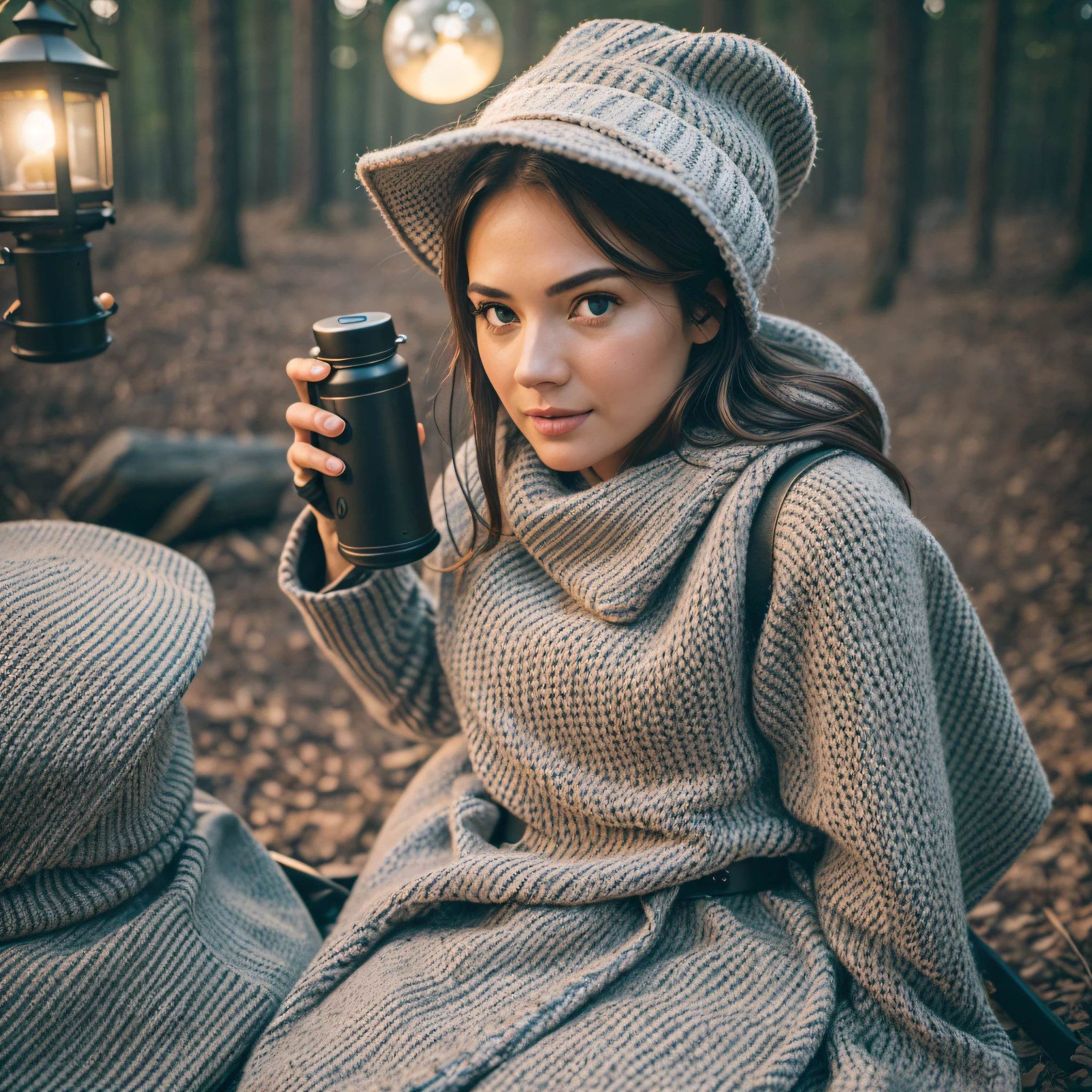 1 woman of 30 years ((full body selfie, sexy, happy)), masterpiece, best quality, ultra-detailed, solo, outdoor, (night), mountains, nature, (stars, moon) cheerful, happy, backpack, sleeping bag, camping stove, water bottle, mountain boots, gloves, sweater, hat, lantern, forest, stones, river, wood, smoke, shadows, contrast, clear sky, style, (warm hue, warm tone): 1.2), close-up, cinematic light, side lighting, ultra high resolution, best shadow, RAW, upper body, old man, transparent dress, (realistic photo), (best quality), (detailed) photographed on a Canon EOS R5, 50mm lens, F/2.8, HDR, ((photorealistic)), realistic, incredibly absurd, highly detailed, sharp focus, (Professional Studio Lighting), (Professional Color Grading), Edge Lighting, Dramatic lighting, Cinematic lighting, Lumen Reflections, Soft Natural Lighting, Soft Color, Photon Mapping, Radiosity, (Beautiful Eyes), (Detailed Eyes), (Detailed Face), Symmetrical Eyes, Sharp Eyes, Cold Face, Full Body), Beautiful and Sexy Woman, Slim Waist,(((HIGH LEVEL OF DETAIL))), (((look at the viewer))) --auto --s2