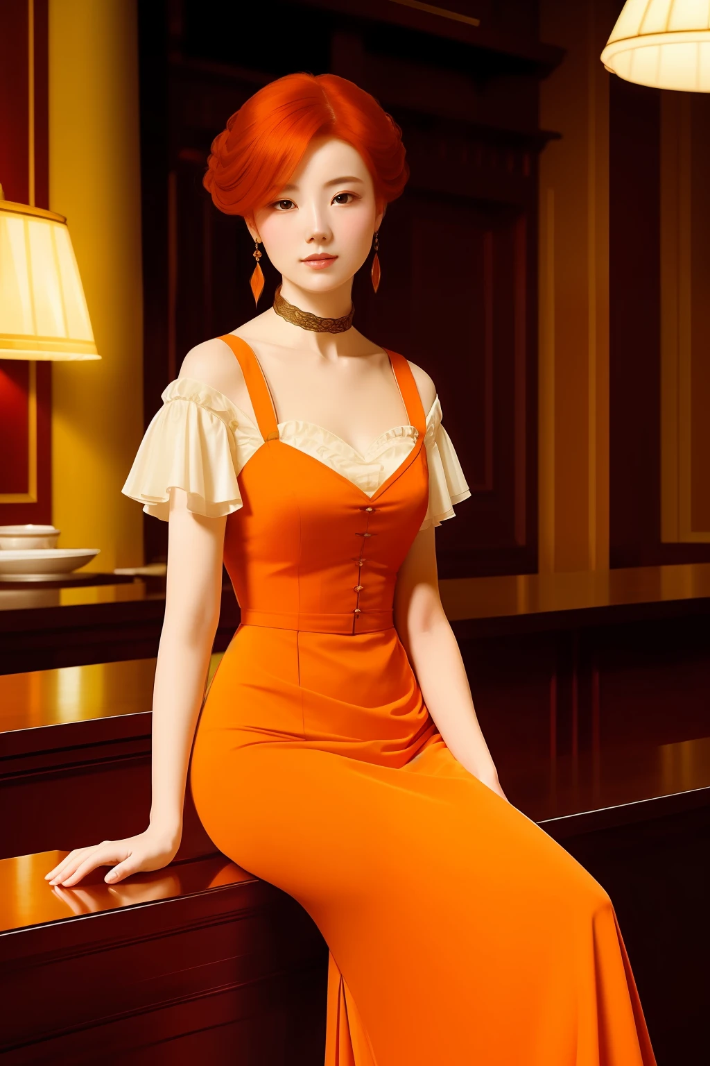 a lady with red hair is gracefully sitting near the bar, in the style of john singer Sargent, soft pastel colours, dimly lit, rim lighting, exquisite clothing detail, xiaofei yue, graceful curves, orange and amber,((pleasing aesthetic)), soft diffused lighting