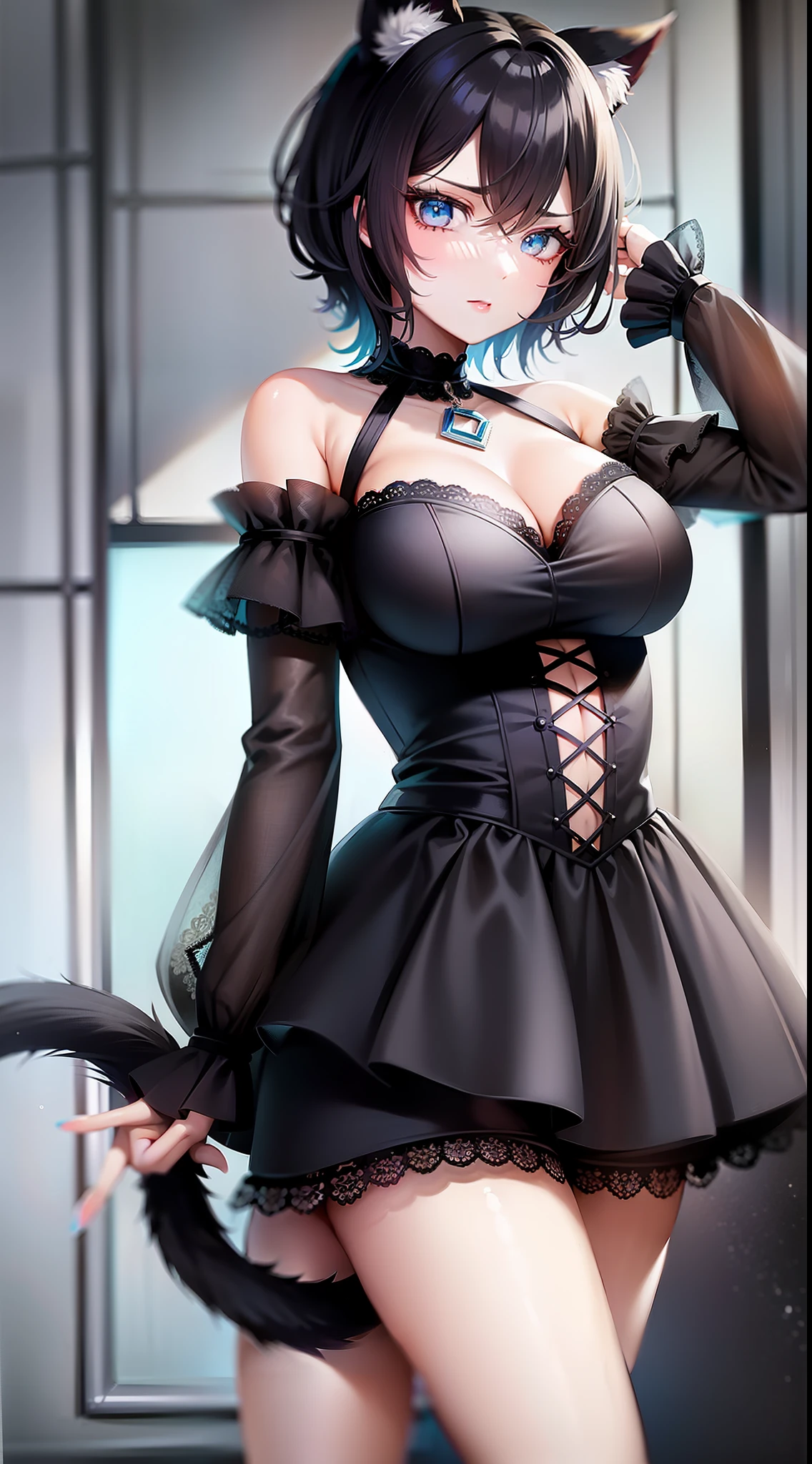 Adult girl, short black hair, turquoise eyes, cat ears and tail, black rich beautiful dress, open shoulders, serious look, masterpiece, high quality