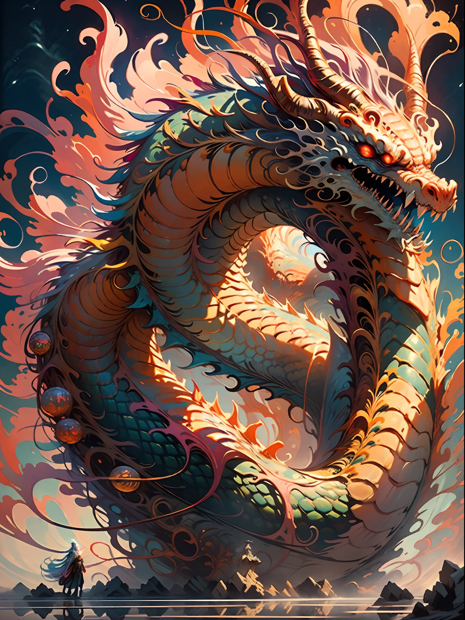 (Length: 1.2), (Fine: 1.2), coiled serpentine body, reasonable body structure logic, long hair, sharp teeth, red eyes, outdoor, standing, clouds, horns, armor, sky, open mouth, confrontation, charge, monster, building, valley, (realistic texture: 1.2), (glowing colorful neat scales: 1.2), (realistic detail: 1.2), HDR, best image quality, masterpiece, super detailed 3D modeling, like Tim Burton, Dale Chihuli, Xiaolongcheng, The style paintings painted by Cyril Rolando and other authors such as Jr. Gig are just as magical, with shadows and light intertwined to produce brilliant effects,