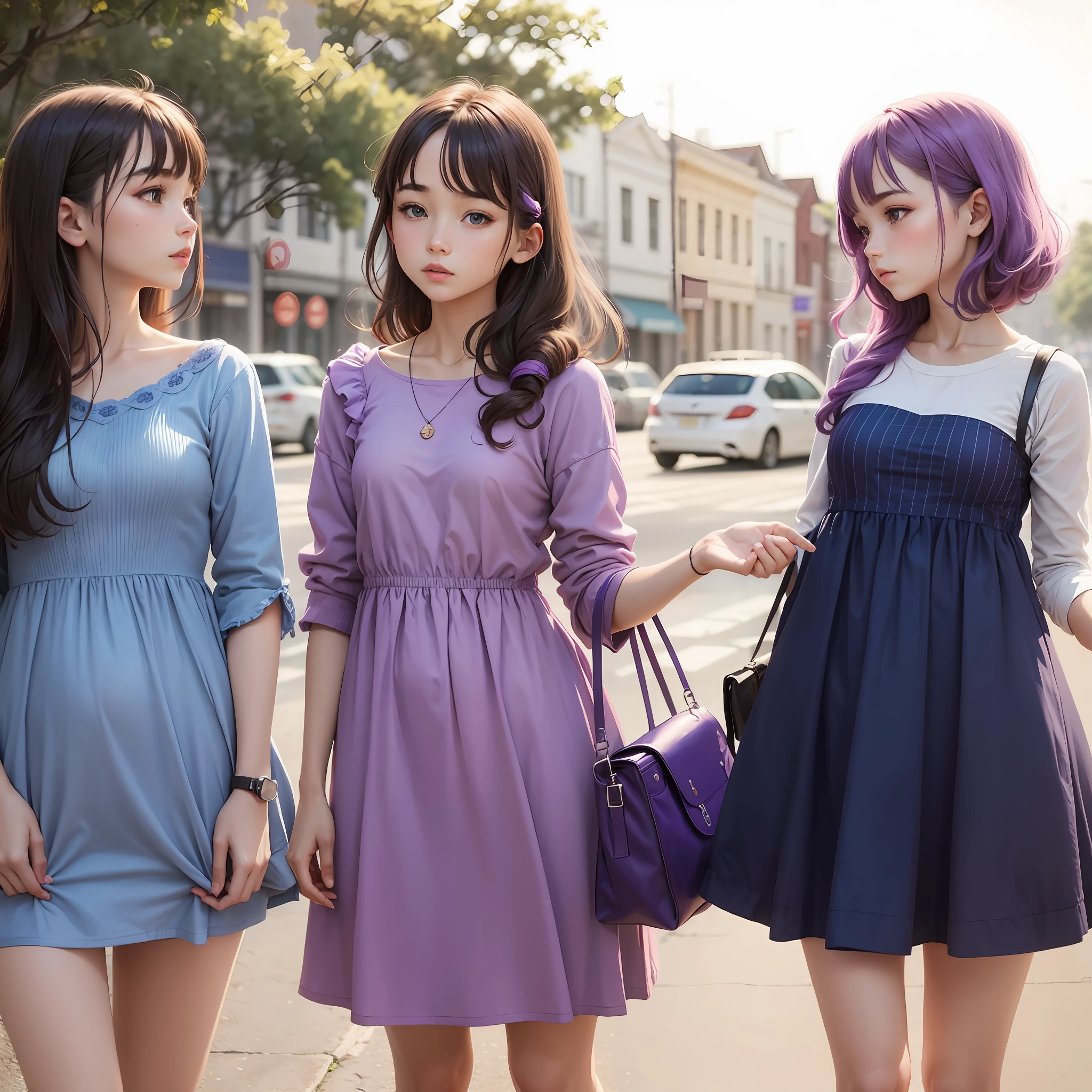 Three girls with clothes of different colors, high quality, purple, blue, and red --auto --s2