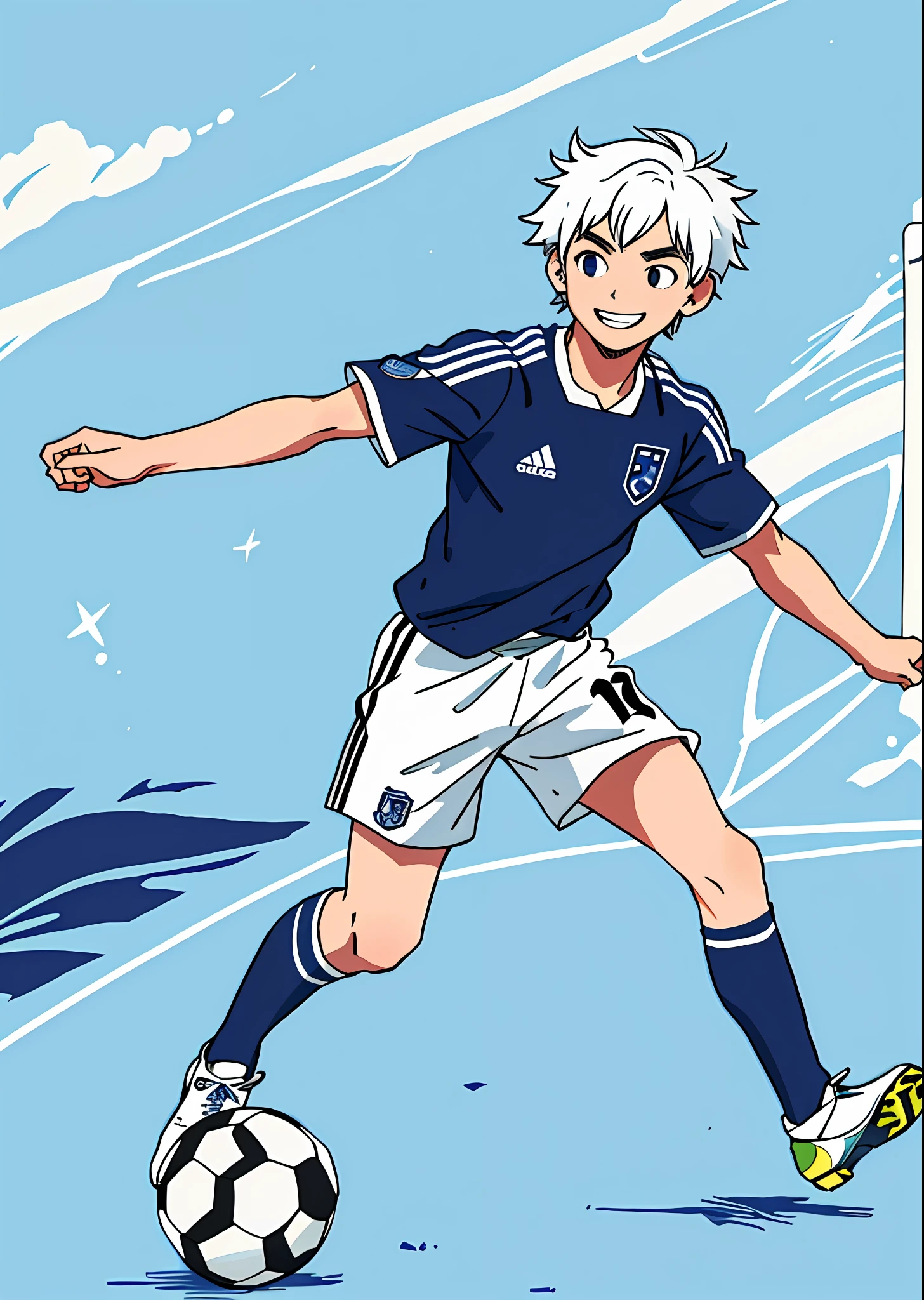 boy (19 years old),short white hair messy,9sface,sportswear, full body, soccer,soccer field,holding the ball,japanese national team shirt,smiling looking at the spectator. detailed 8k art