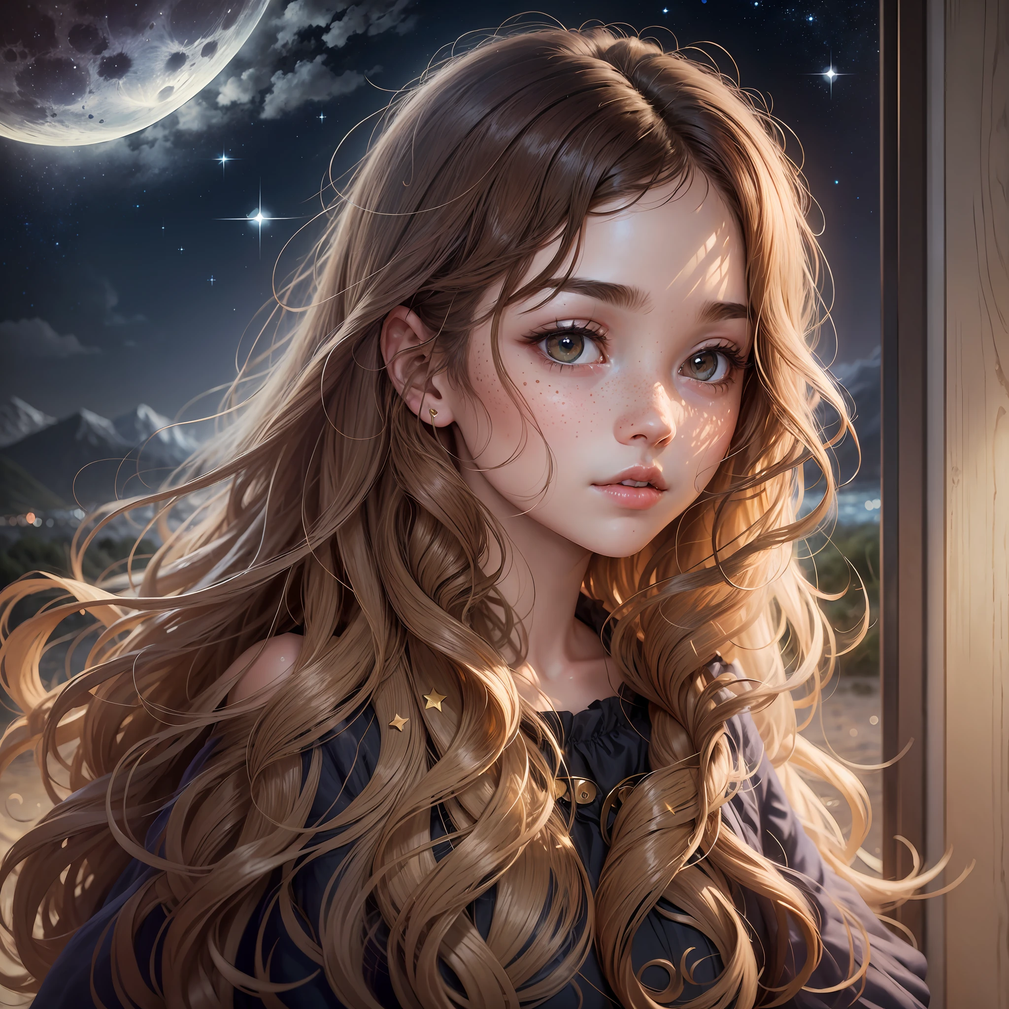(masterpiece, best quality), girl, wavy hair, looking at the viewer, out of focus, upper body, dark style, freckles, brown hair, moonlight, starry night --auto --s2