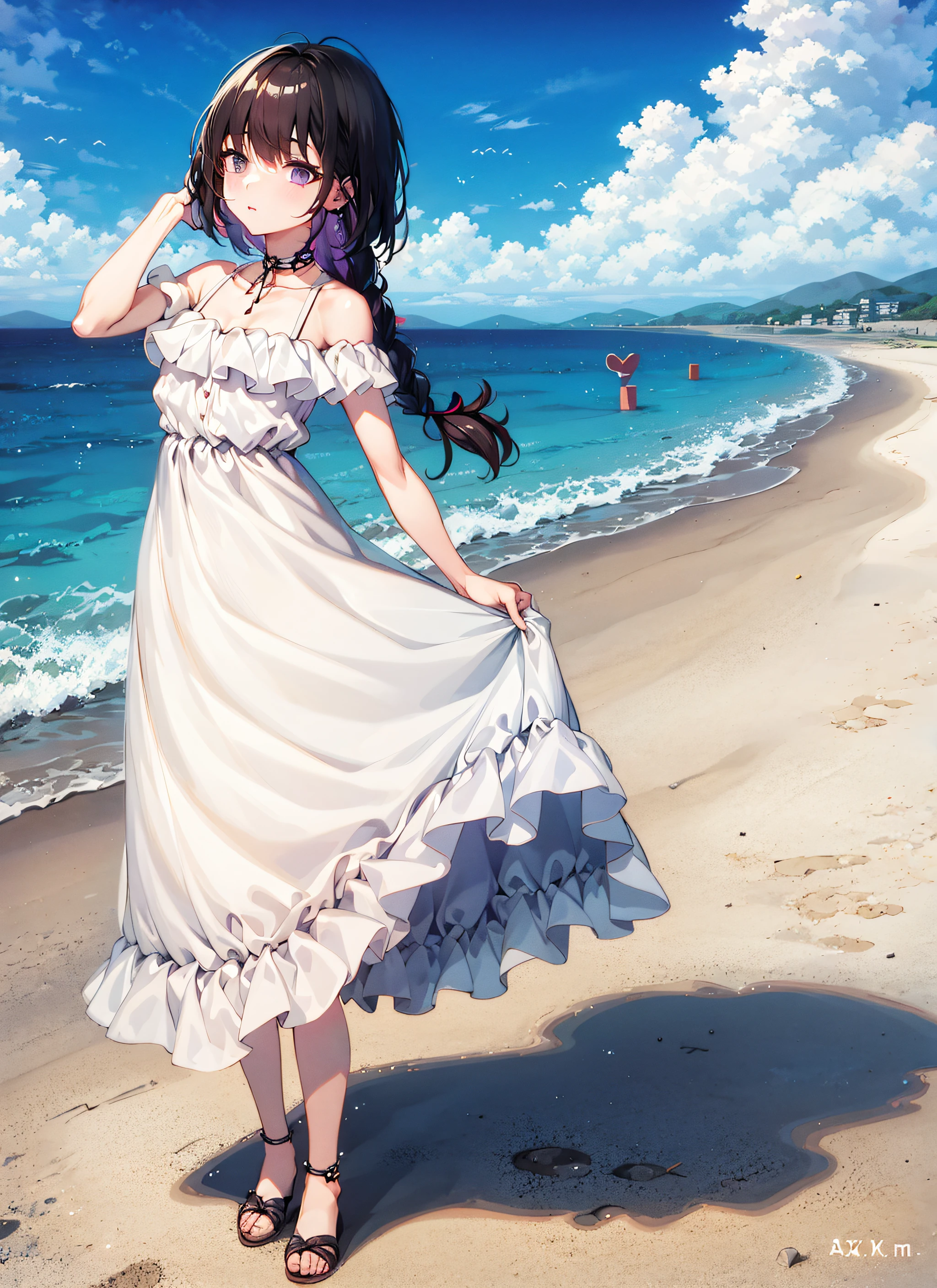 1girl,highres, high quality, masterpiece, mxmkWhiteDress, bare shoulder, purple eyes, white dress, braid, chocker, beach, dynamic angle, dynamic pose, full body,