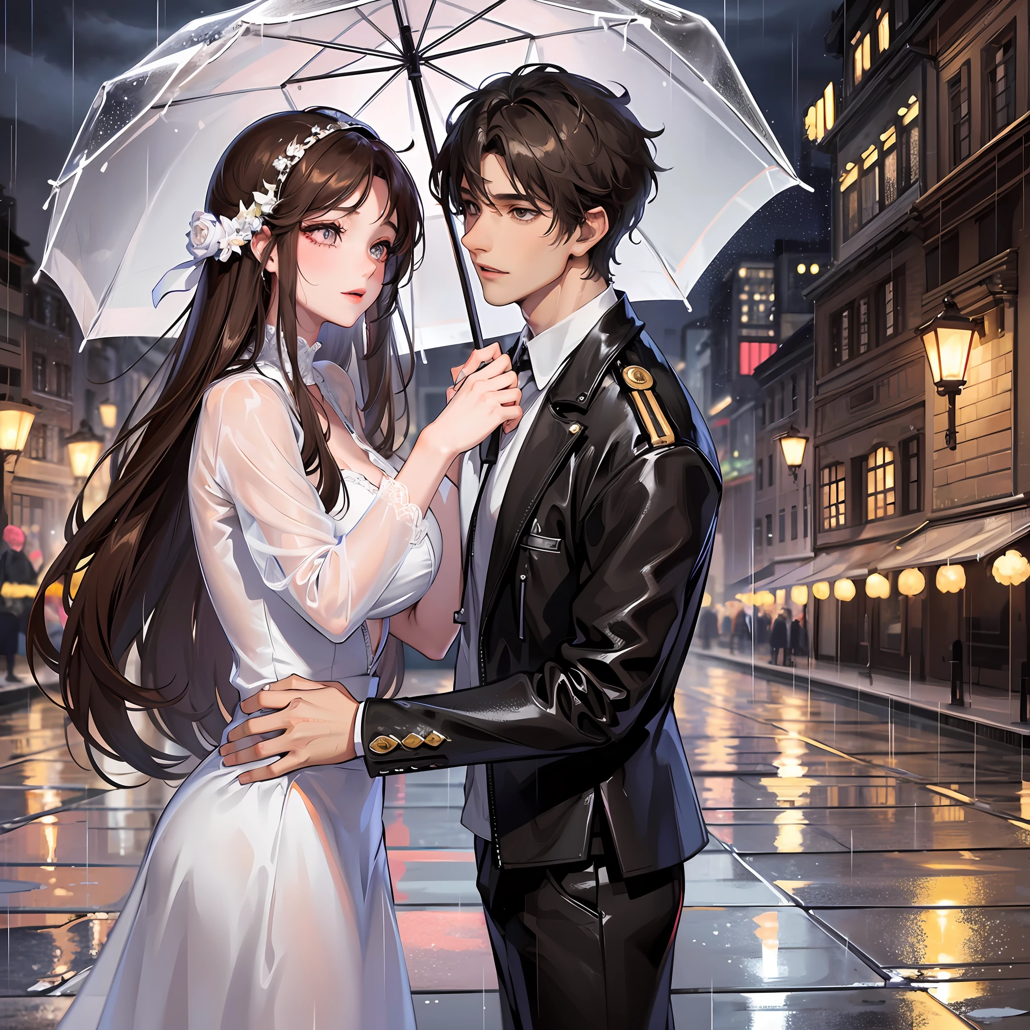 The couple in love danced in the rain, feeling every icy drop on their skin as they stood firm under an umbrella. With a smile on their faces, they moved in sync, as if the rhythm of the music was the same as the raindrops falling.
The clothes stuck to their bodies, their hands touched softly, and their eyes met in a passionate gaze. The sound of rain and the music that played in the background created a magical and romantic atmosphere.
The girl had brown skin and brown eyes and stared at the tall young man with light skin, dark eyes and silky hair, who looked at her passionately. --auto --s2