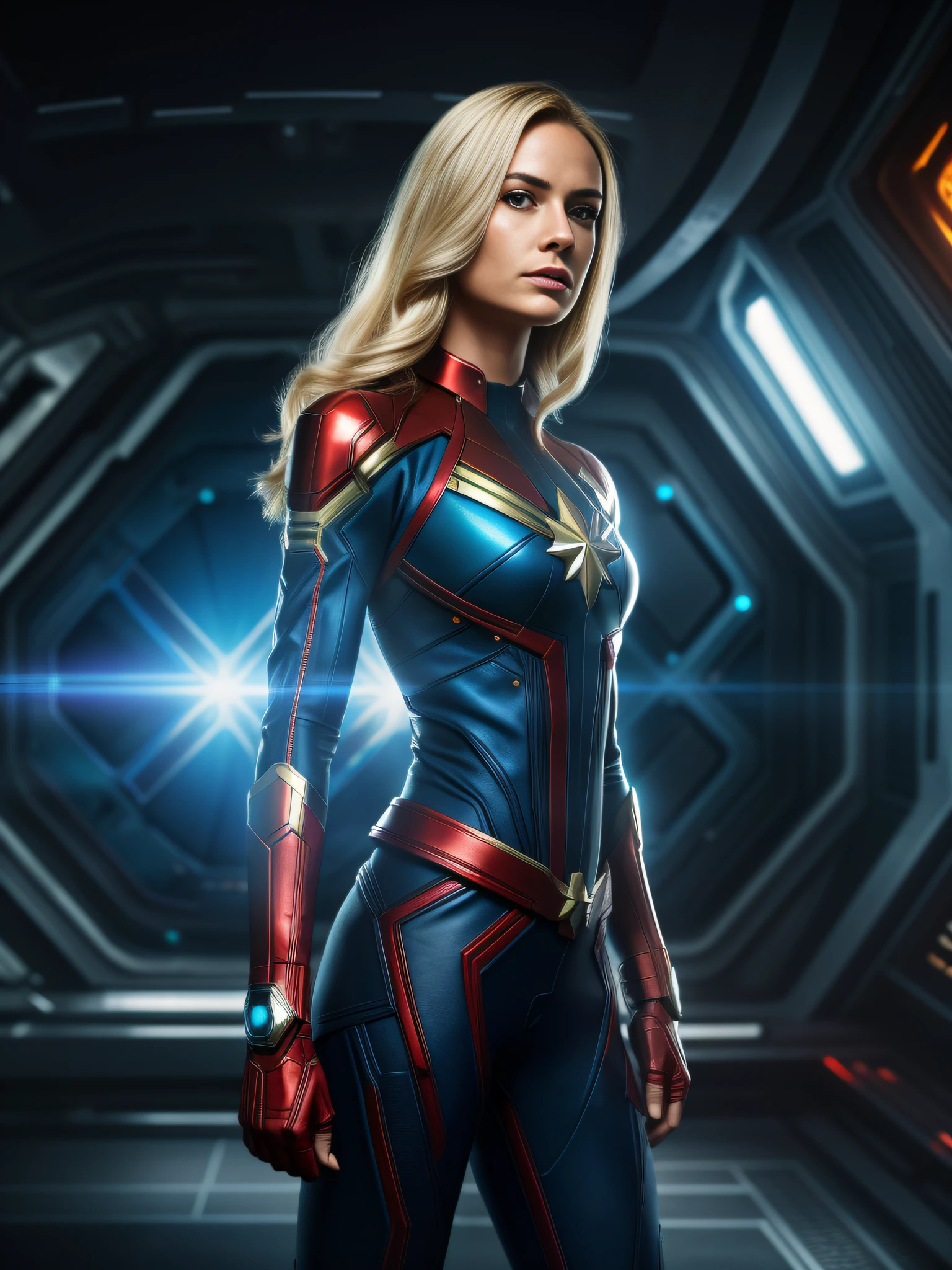 Full body shot of white woman wearing Captain Marvel suit, standing over a cyberpunk space station, powerful aura, punk hairstyle, long blond hair, alien army in background, slim, skinny, delicate features, athletic, various posed, natural lighting, masterpiece, realistic, photorealistic, serious, concerned, movie poster, cinematic, mist and fog, sharp focus, beautiful composition, surrounded by alien ships, alien army, war, cyberpunk technology