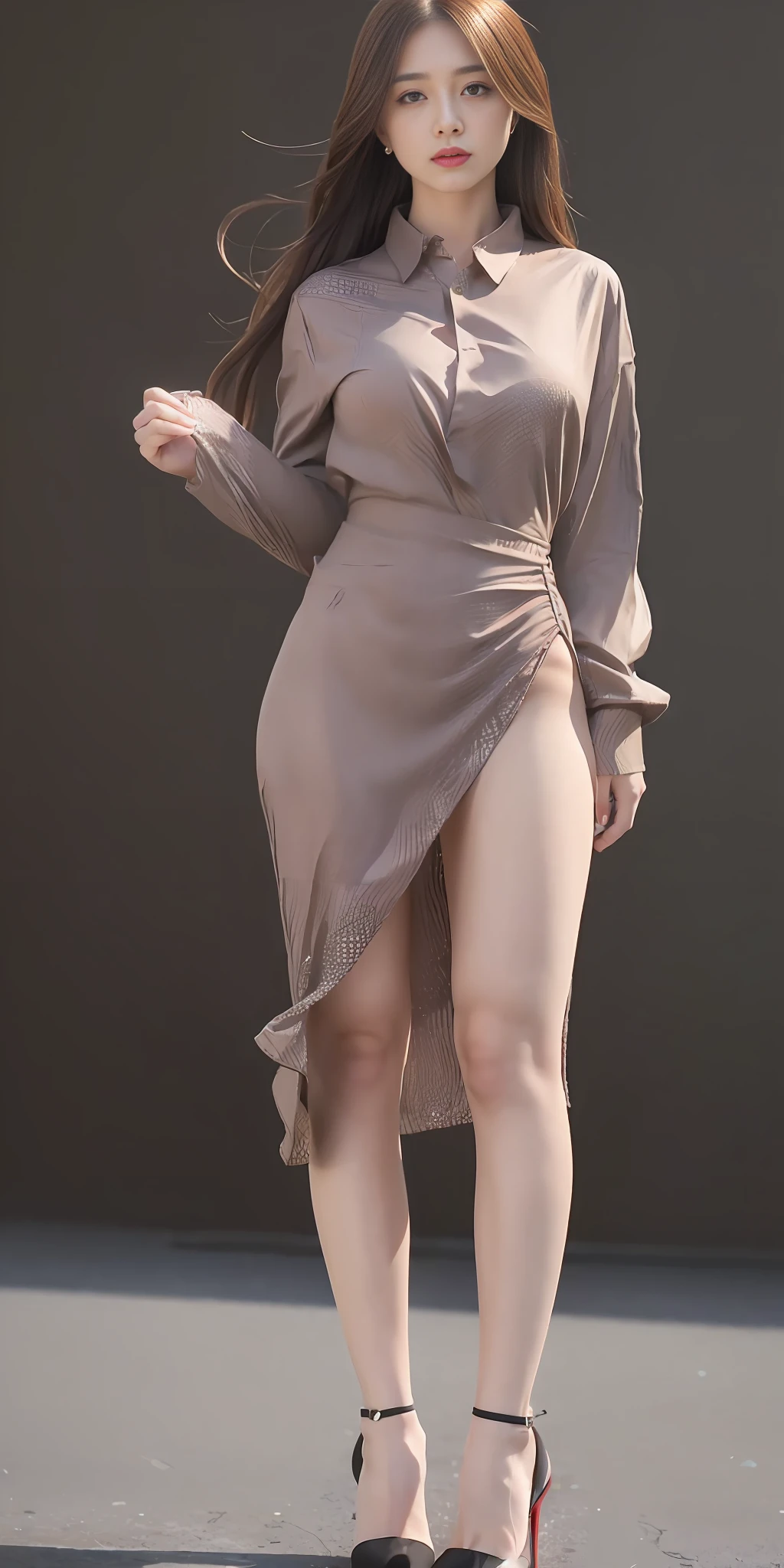 mix4, 20d, solo, long_hair, shirt, dress, high_heels,full_body, look_at_viewer, (8k, RAW photo, best quality, masterpiece:1.2), (realistic, photo-realistic:1.37), professional lighting, photon mapping, radiosity, physically-based rendering,