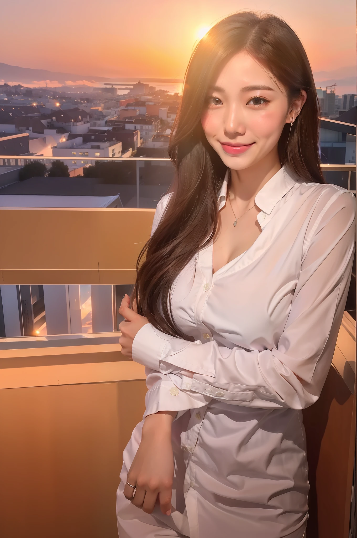 Smiling, white shirt, sunset