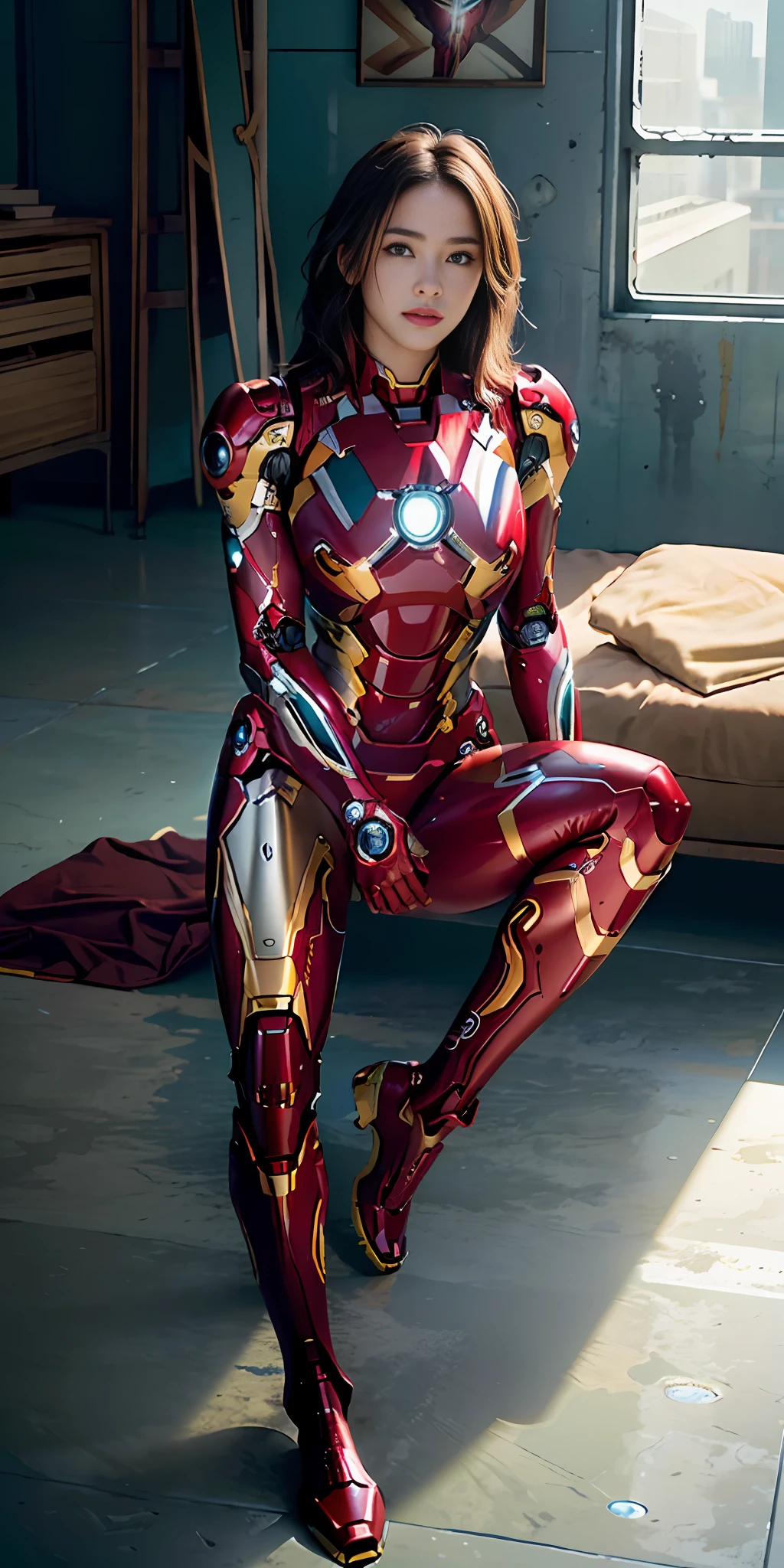 RAW, masterpiece, ultra fine photography,, best quality, ultra high definition, photorealistic, sunlight, full body portrait, stunningly beautiful, combat pose, delicate face, brilliant eyes, (front view,full body), she wears futuristic Iron Man mech, blue and yellow and green color scheme, (Iron Man destroyed on the floor), detailed face, detailed and complex busy background, messy and gorgeous, rich plump breasts, High Detail Skin, Realistic Skin Details, Visible Pore, Sharp Focus, Volumetric Fog, 8K UHD, DSLR Camera, High Quality, Film Grain, Fair Skin, Photorealism, Lomography, View from Below, Translucent