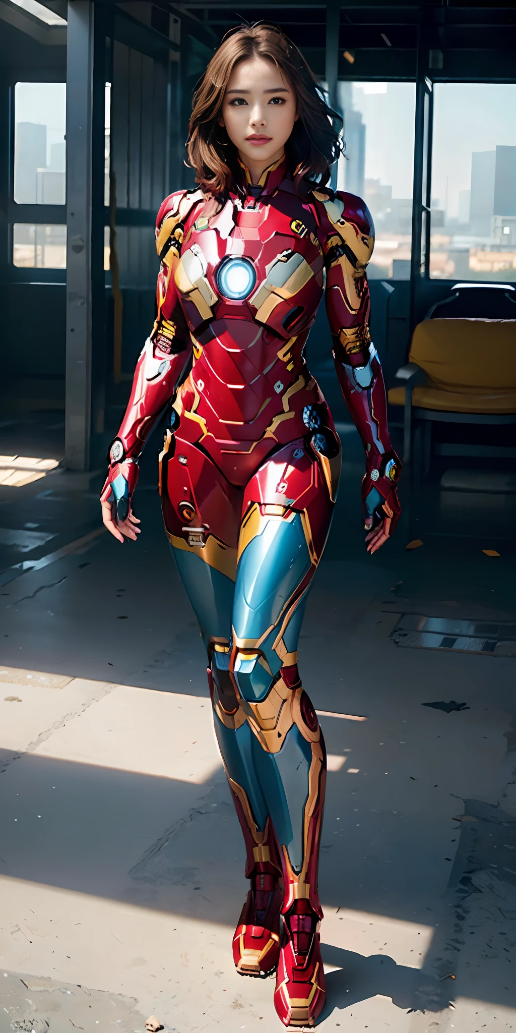 RAW, masterpiece, ultra fine photography,, best quality, ultra high definition, photorealistic, sunlight, full body portrait, stunningly beautiful, combat pose, delicate face, brilliant eyes, (front view,full body), she wears futuristic Iron Man mech, blue and yellow and green color scheme, (Iron Man destroyed on the floor), detailed face, detailed and complex busy background, messy and gorgeous, rich plump breasts, High Detail Skin, Realistic Skin Details, Visible Pore, Sharp Focus, Volumetric Fog, 8K UHD, DSLR Camera, High Quality, Film Grain, Fair Skin, Photorealism, Lomography, View from Below, Translucent