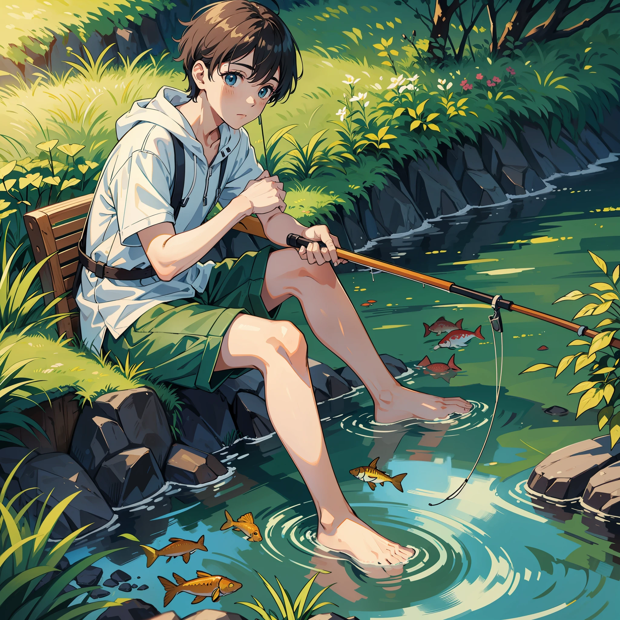 Close up of a boy sitting in the lush grass holding a fishing rod, sleepy expresssion, river, fish jumps from the water, forest, woods,