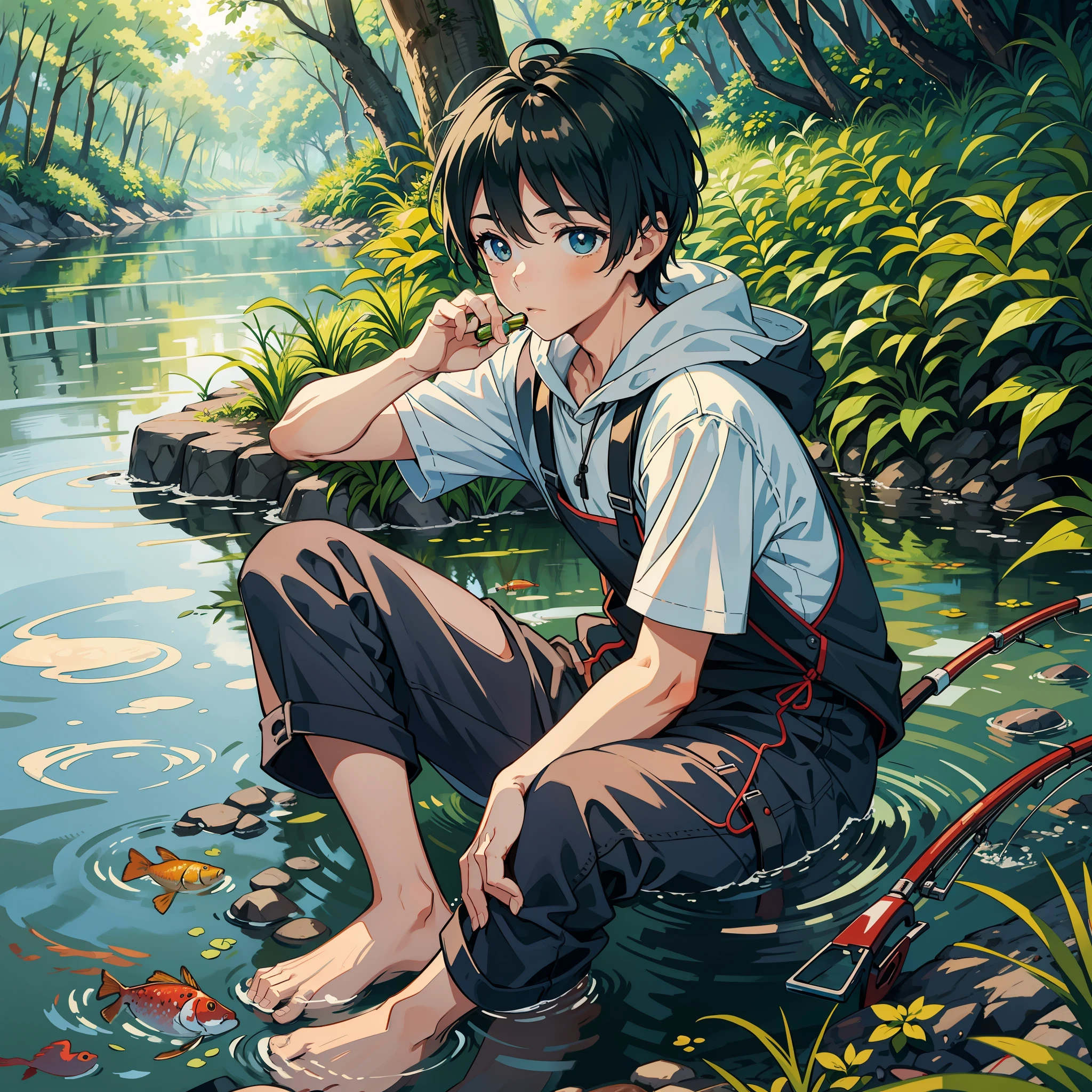 Close up of a boy sitting in the lush grass holding a fishing rod, sleepy expresssion, river, fish jumps from the water, forest, woods,
