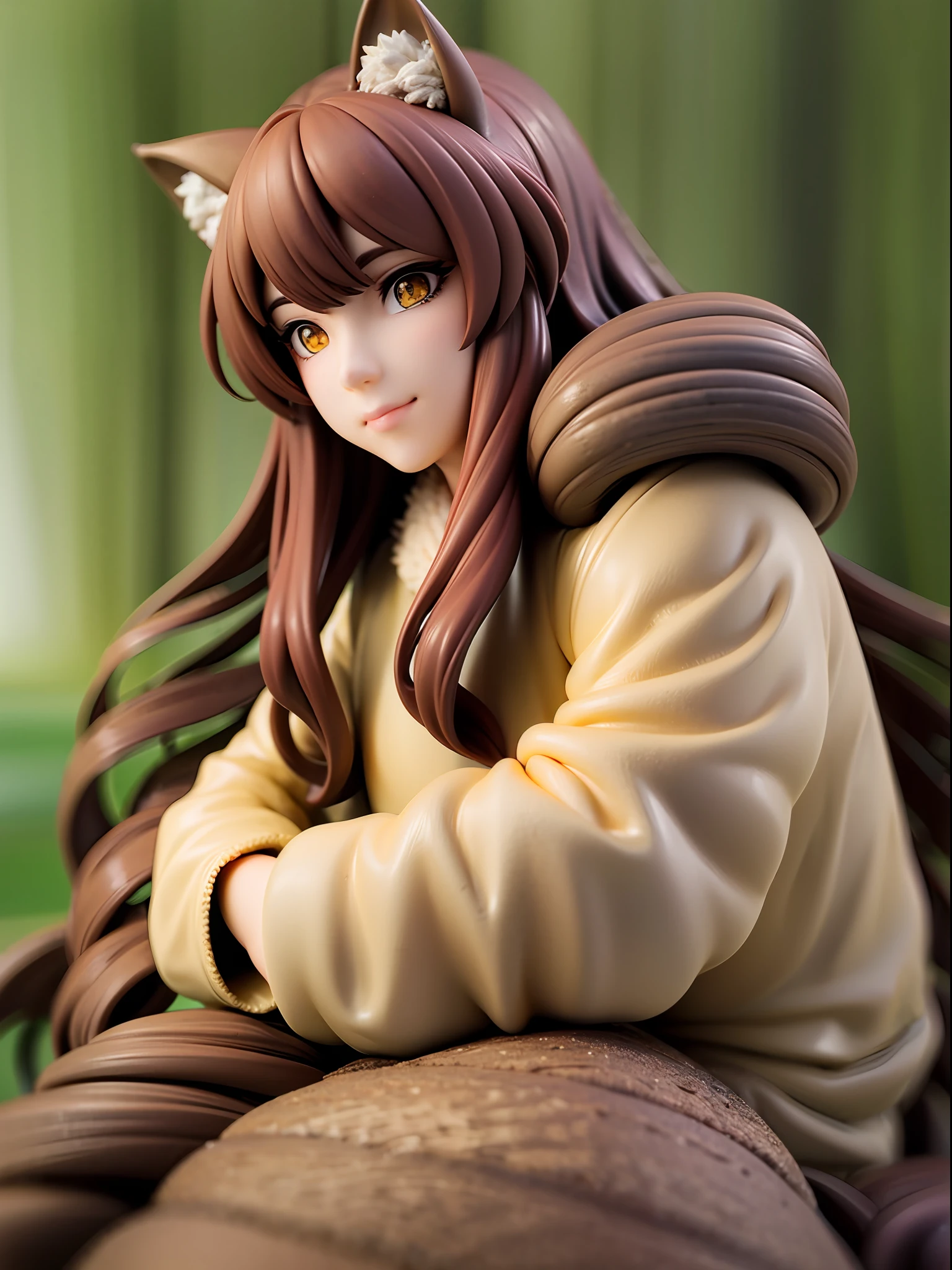 Brown, yellow, wolf beastman, kind face, beautiful yellow eyes, closed mouth, primitive clothing, fur clothes, long wavy brown hair, sitting pose, forest background,