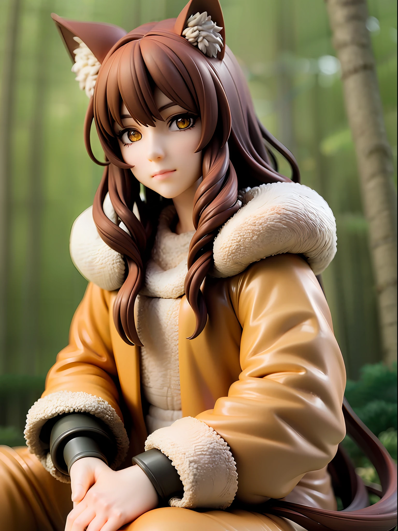 Brown, yellow, wolf beastman, kind face, beautiful yellow eyes, closed mouth, primitive clothing, fur clothes, long wavy brown hair, sitting pose, forest background,