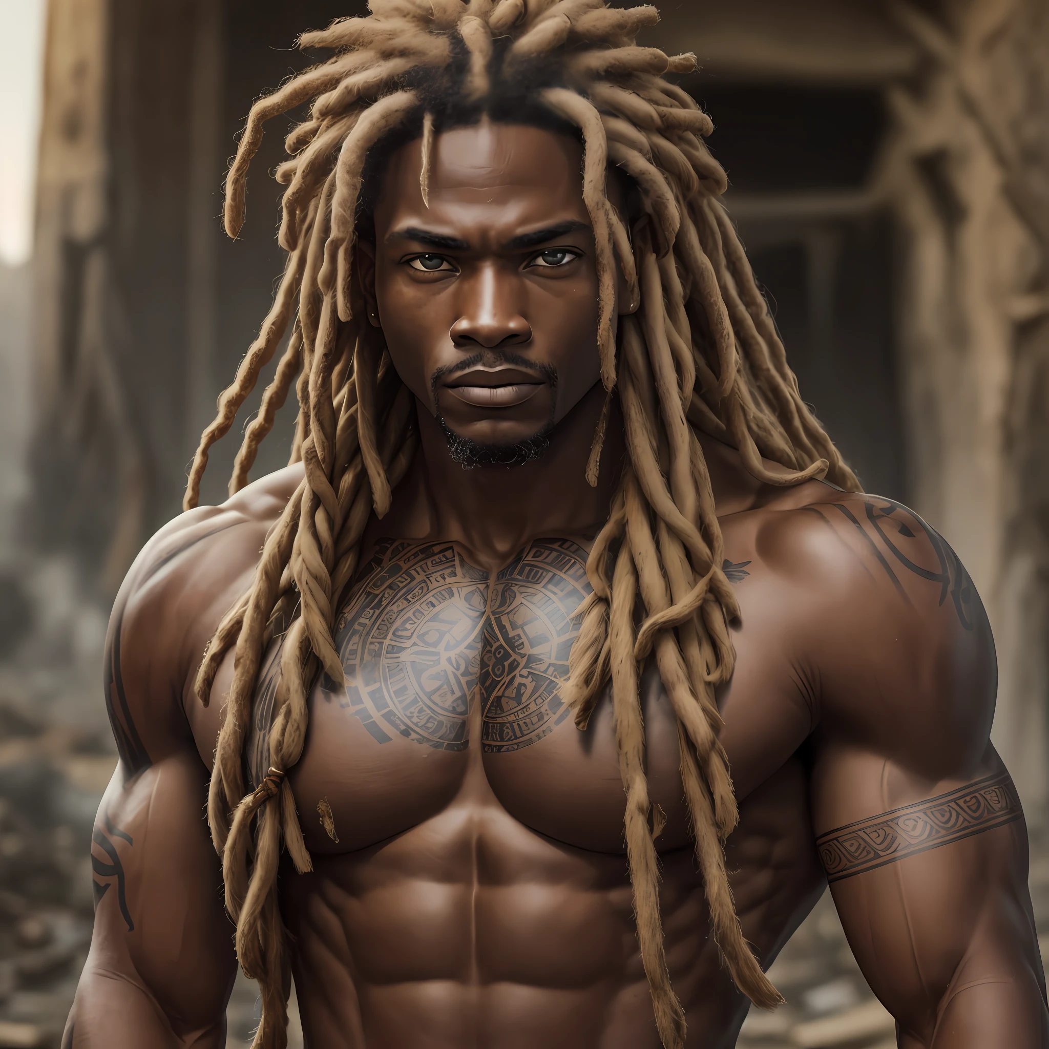 Bold RAW photo of a very muscular African, with long dreads, in the ruins of a burning city. He has a look of desperation, detailed skin, (with highly detailed tattoos: 1.1), big eyes. The photo is taken on a professional camera with a depth of field of f1.4, creating a natural and raw feel. The lighting is soft and adds to the mysterious atmosphere of the scene. The image is highly detailed, cinematic --auto --s2