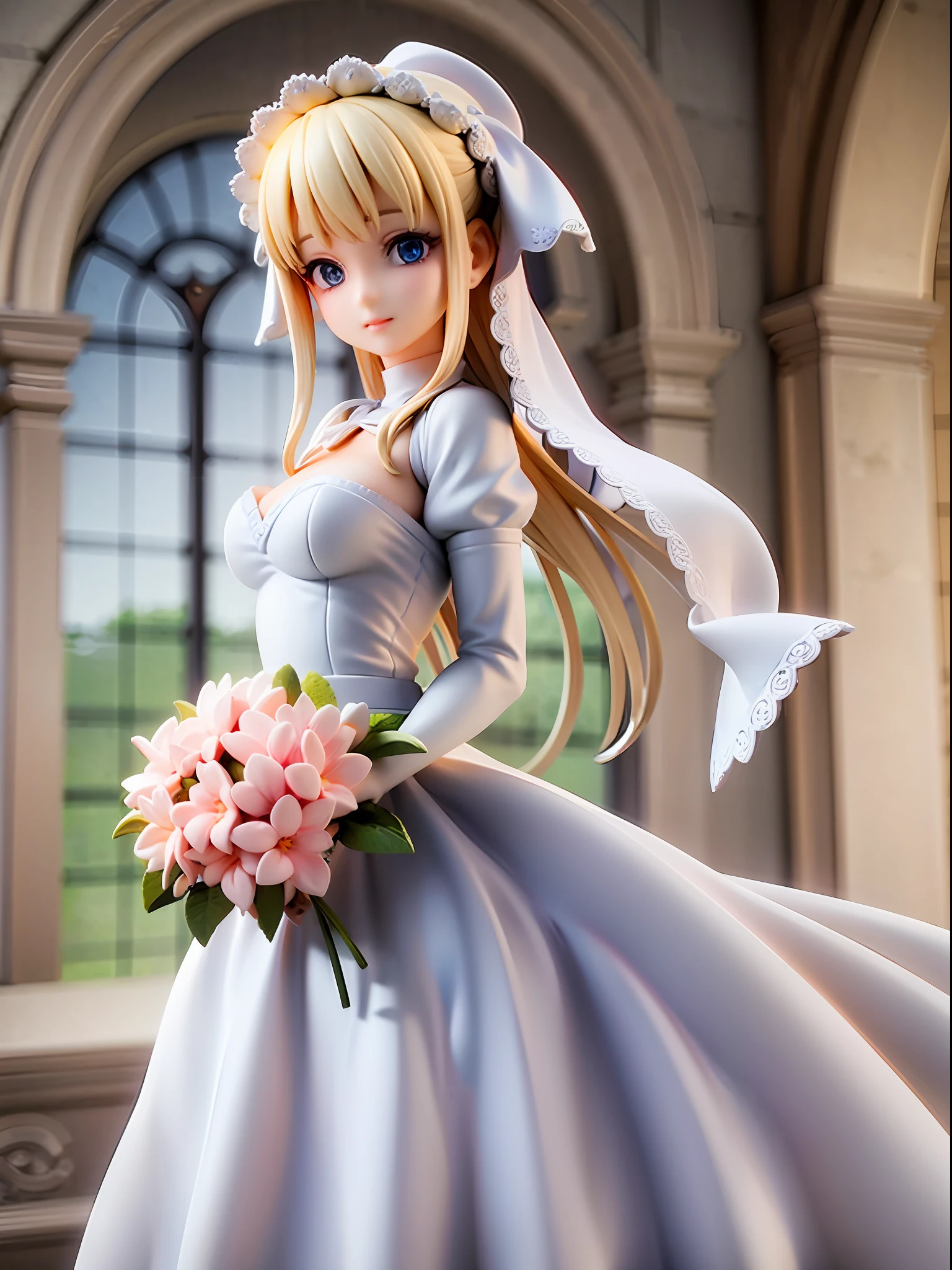 White, pale pink, bride, happy face, beautiful blue eyes, closed mouth, wedding dress, white dress with pale pink ribbons, blonde updo, holding bouquet, church background,