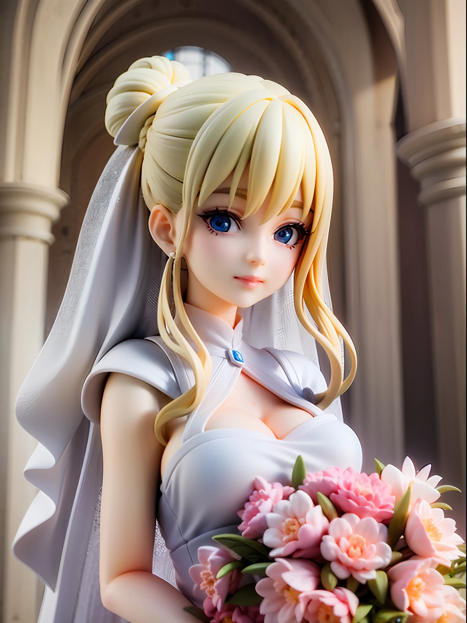 White, pale pink, bride, happy face, beautiful blue eyes, closed mouth, wedding dress, white dress with pale pink ribbons, blonde updo, holding bouquet, church background,