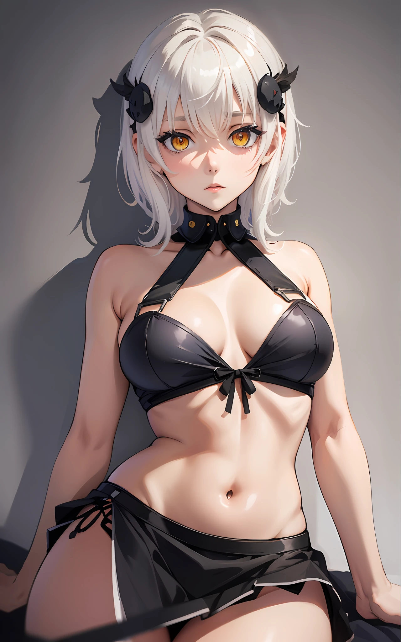 masterpiece, short miniskirt, black panties, collarbone, masterpiece, best quality, highres, dark persona, watercolor painting theme, (looking at the viewer: 1.1), wide hips, big ass, tojou koneko, yellow eyes, white hair, short hair, hair ornament, small breasts, décolleté, white shirt, black ribbon around the neck,