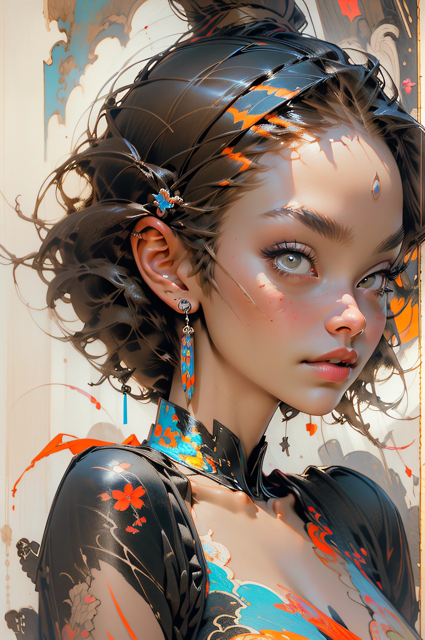 (1girl), (masterpiece:1.3), top quality, vibrant painting, movie light effect, splashes jumped on canvas, watercolor, graphite, magnificent art, 8k UHD, (HDR+), 0.4], colorful short hair (painted+well drawn), wearing magnificent expensive designer clothes.