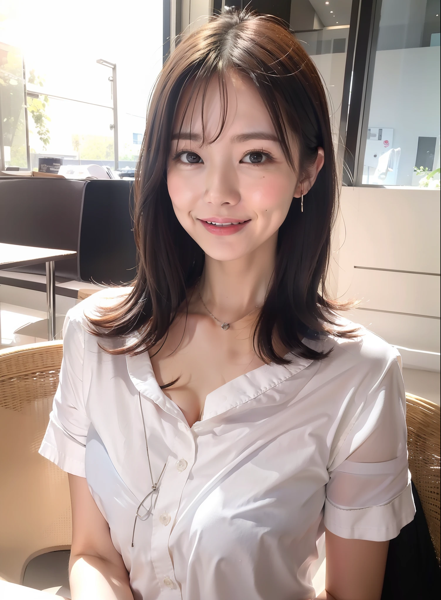 Laughing, daytime, white shirt