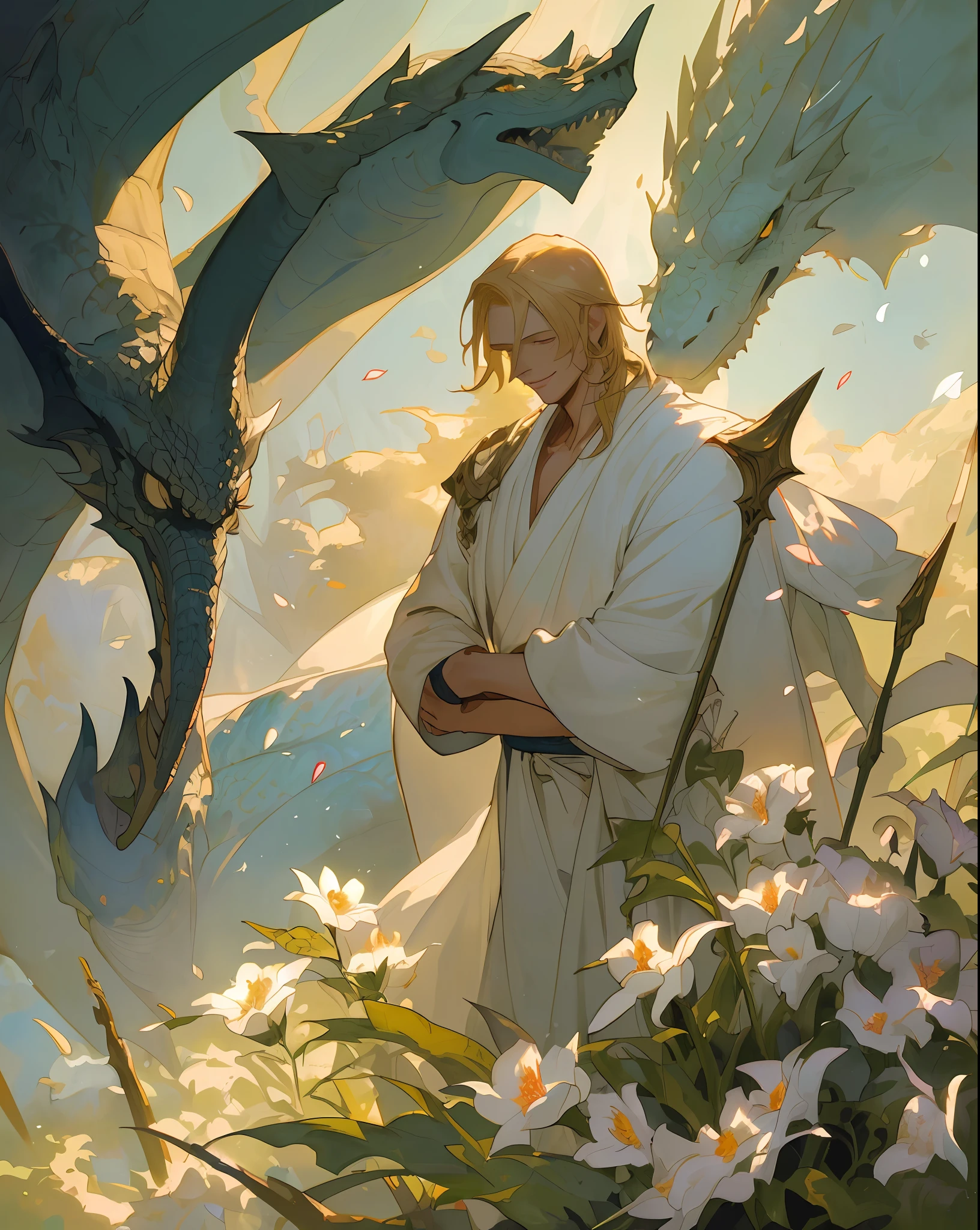 ((top quality, masterpiece)), comic art, concept art, watercolor, (((2 men)), beautiful blonde man, man in white robes, dragon knight, fantasy, forest, blooming flowers, sunlight, fantastic light and shadow, landscape, highly detailed face, portrait, smile, pose, particle, wind, flower, simple background, backlight and rim light