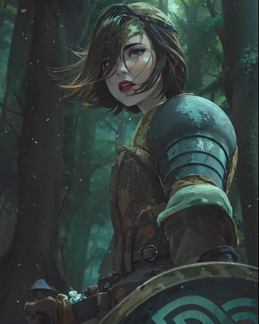 (masterpiece), (best quality: 1.0), (ultra highres: 1.0), detailed illustration, 8k, anime, pretty face, detailed face, beautiful eyes, detailed eyes, one woman, lone warrior, in an enchanted forest, standing in a dynamic pose, suit and armor, angry and serious face, somewhat afflicted, short hair, looking at the viewer, full of life, it's a beautiful night, full of bright colors and magic, green forest and full of magical plants