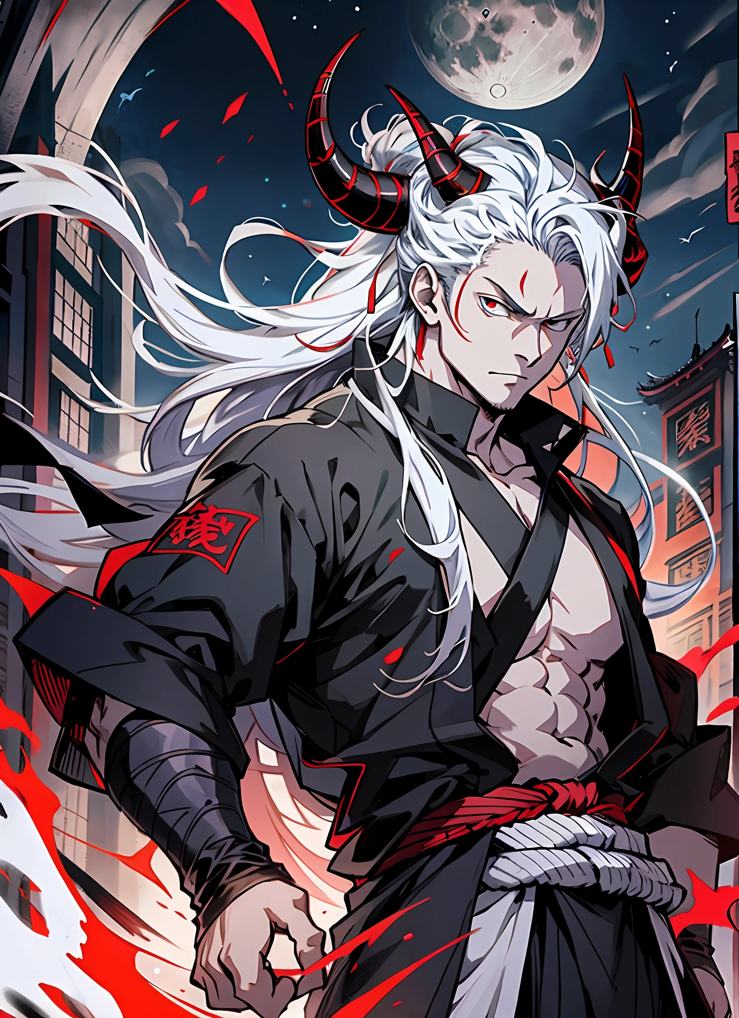Six arms:5.0, multiple arms, demonic horns, pale skin, red lines on face, Kibutsuji Muzan, adult male, anime screencap, 1man, standing, yakuza, black ninja outfit, silver hair, tall, full body, wind, in the style of demon slayer, red eyes, glowing eye:4.0s, stoic, holding fist in the air, outside, nighttime, wind vortex, moon in the sky, City background, pagoda, high resolution, looking at the viewer, long hair, in a fighting stance, edo period, masterpiece, best quality, sharp, anime screencap, detailed eyes, looking at the viewer, good hands, five fingers, blue eyes, vibrant, colorful, amazing quality, better fingers, five fingers, detailed hands, detailed eyes, masterpiece, best quality, anime style, demon slayer, Muzan, best hands, absurd resolution,