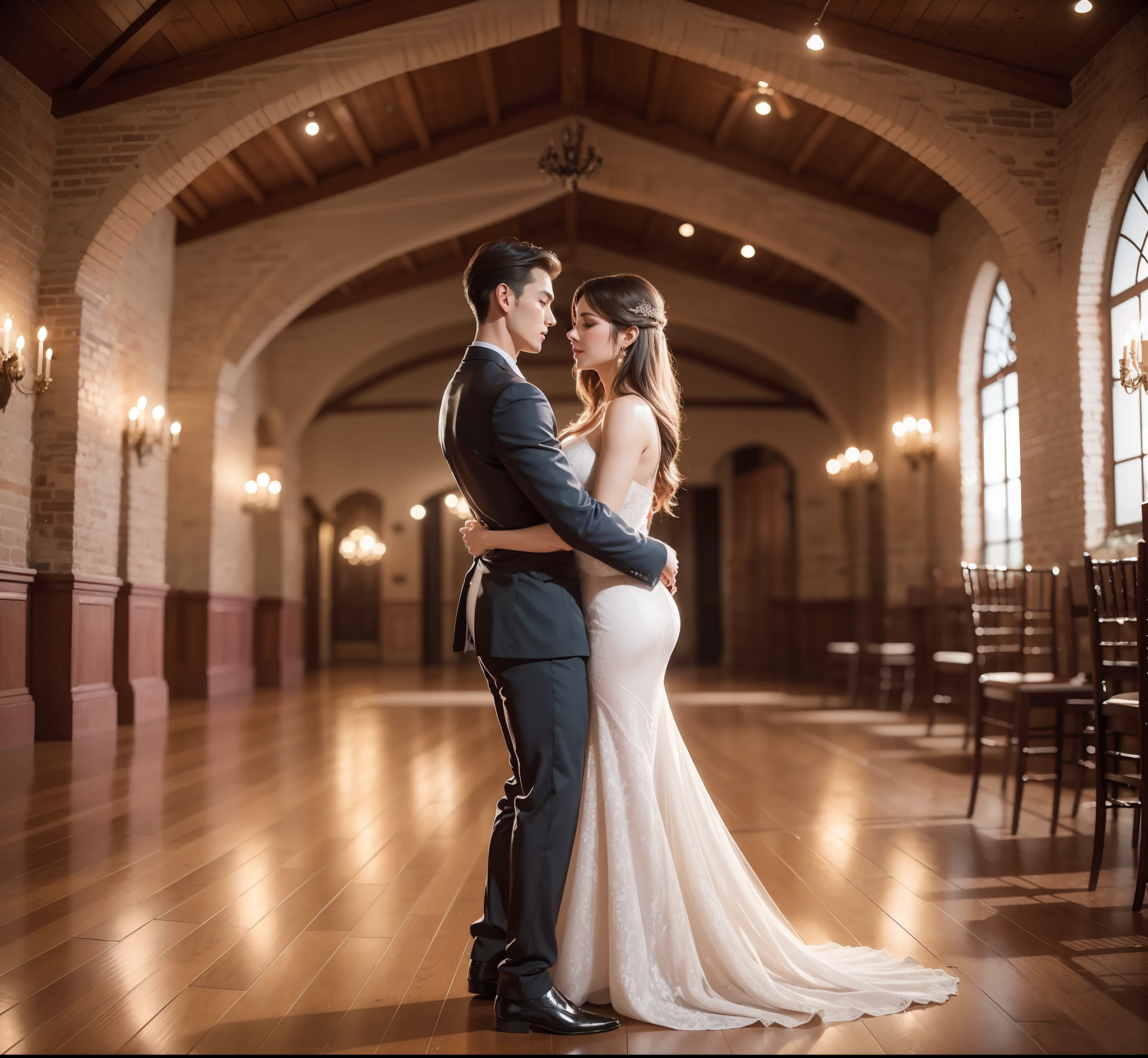 Woman with Argentine features, beautiful Argentine tango dance scene, The dance hall is elegantly decorated, with exposed brick walls and soft lighting, creating a romantic and intimate atmosphere. The polished wooden floor reflects the light of the candles that are scattered throughout the environment, creating a soft and inviting glow, the couples of dancers are elegantly dressed, the men wearing well-cut suits and the women in flowing dresses that move gracefully with each step, the spectators watch in awe, cheering and sighing at each graceful step, the woman wearing a beautiful and long red dress